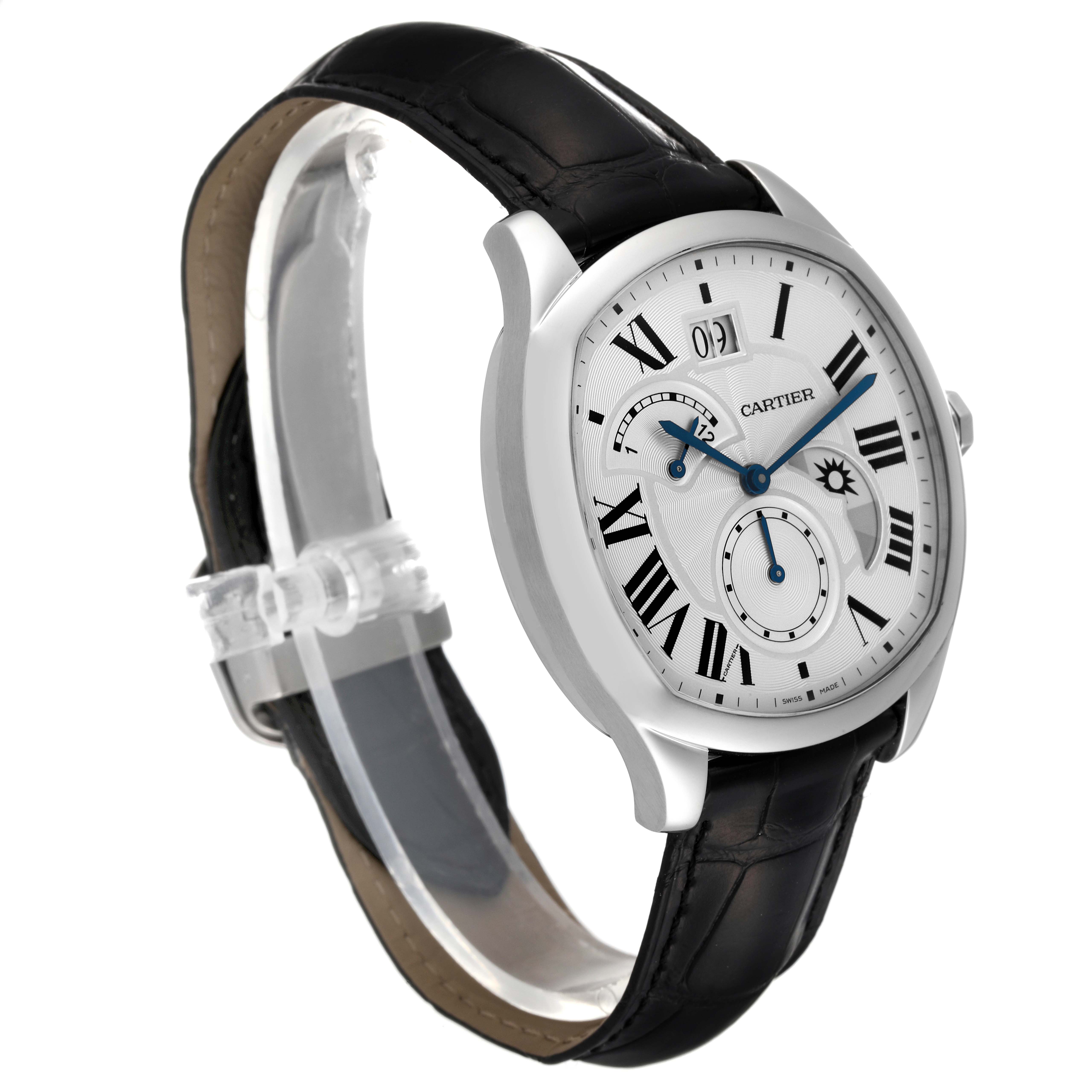 The image shows a Drive de Cartier watch by Cartier at a three-quarter angle, highlighting its face, strap, and side profile.