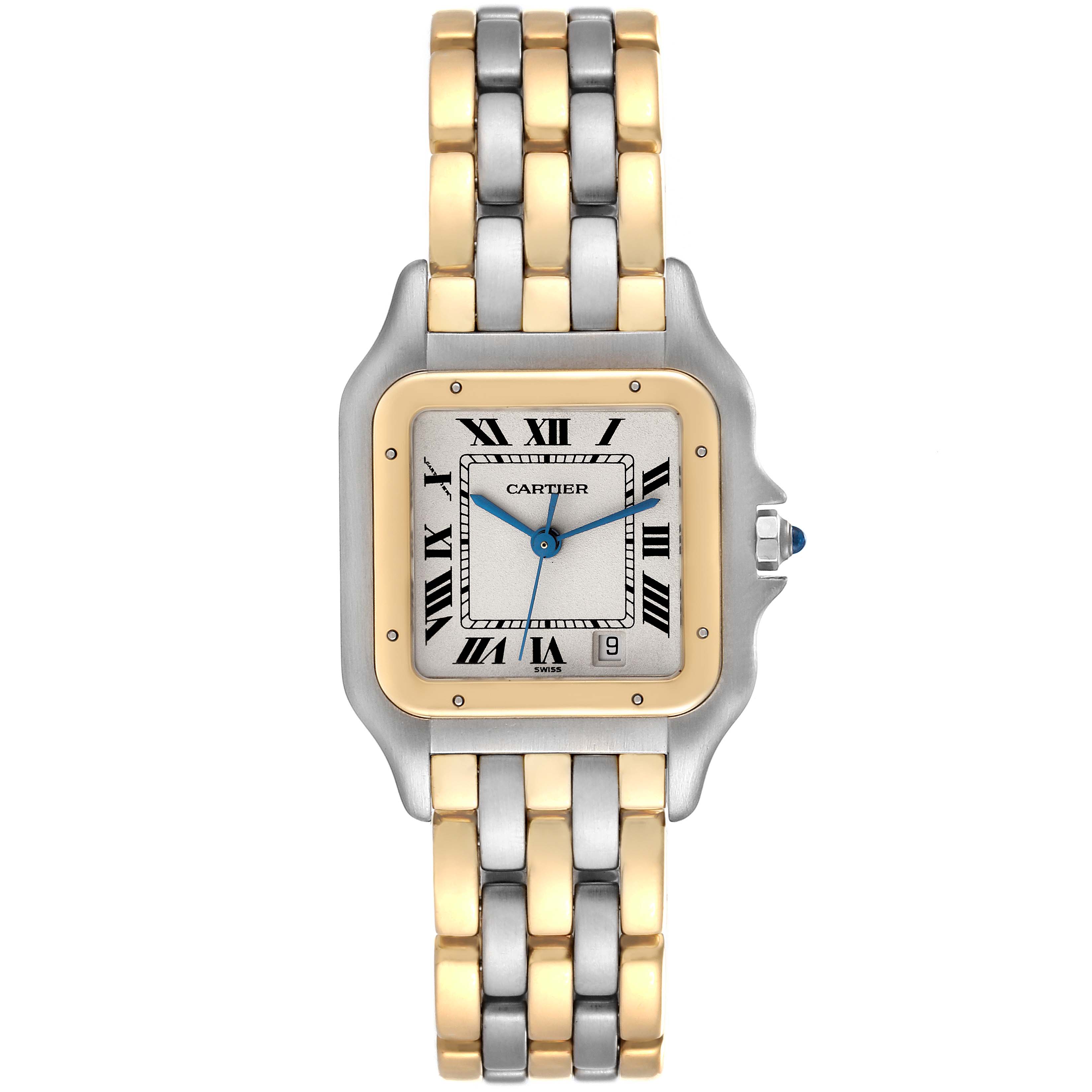 The image shows a front view of a Cartier Panthere W25028B8 Women's Steel and Gold (two tone) Silver Dial W25028B8 Women's Steel and Gold (two tone) Silver Dial model watch, displaying its face, bracelet, and crown.
