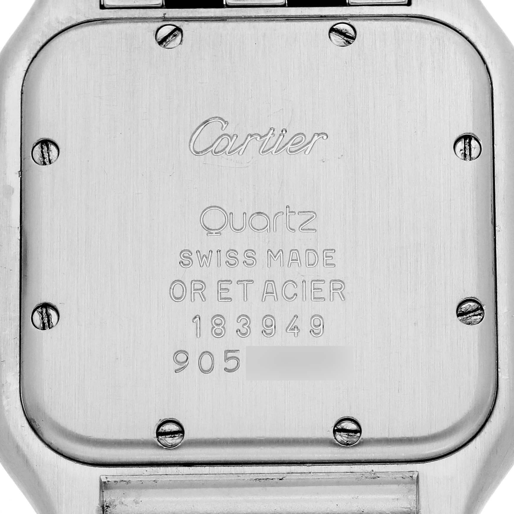 This image shows the back case of the Panthere model by Cartier, featuring engraved text and screws.