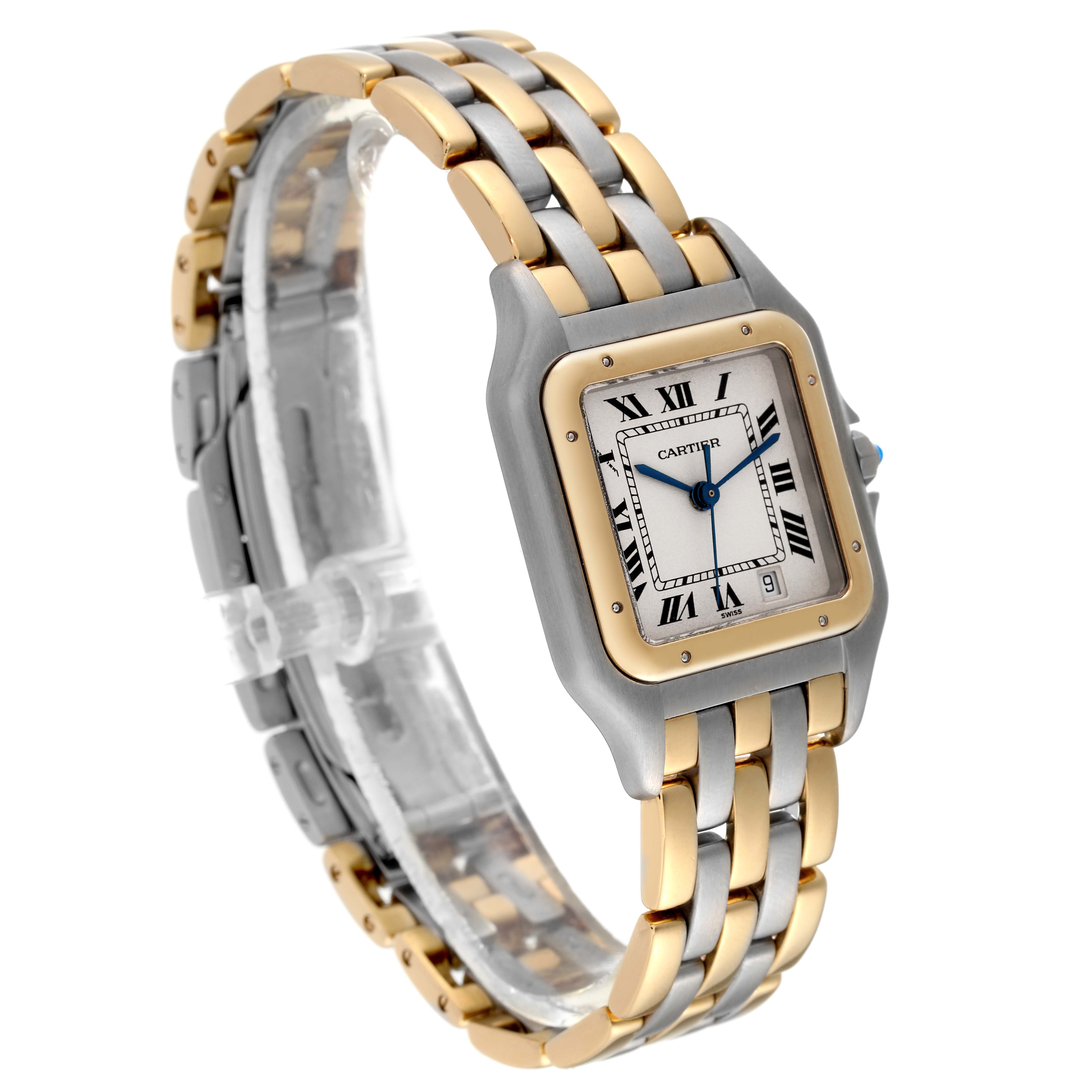 The image showcases a Cartier Panthere W25028B8 Women's Steel and Gold (two tone) Silver Dial W25028B8 Women's Steel and Gold (two tone) Silver Dial watch, highlighting its two-tone bracelet and square face with Roman numerals.