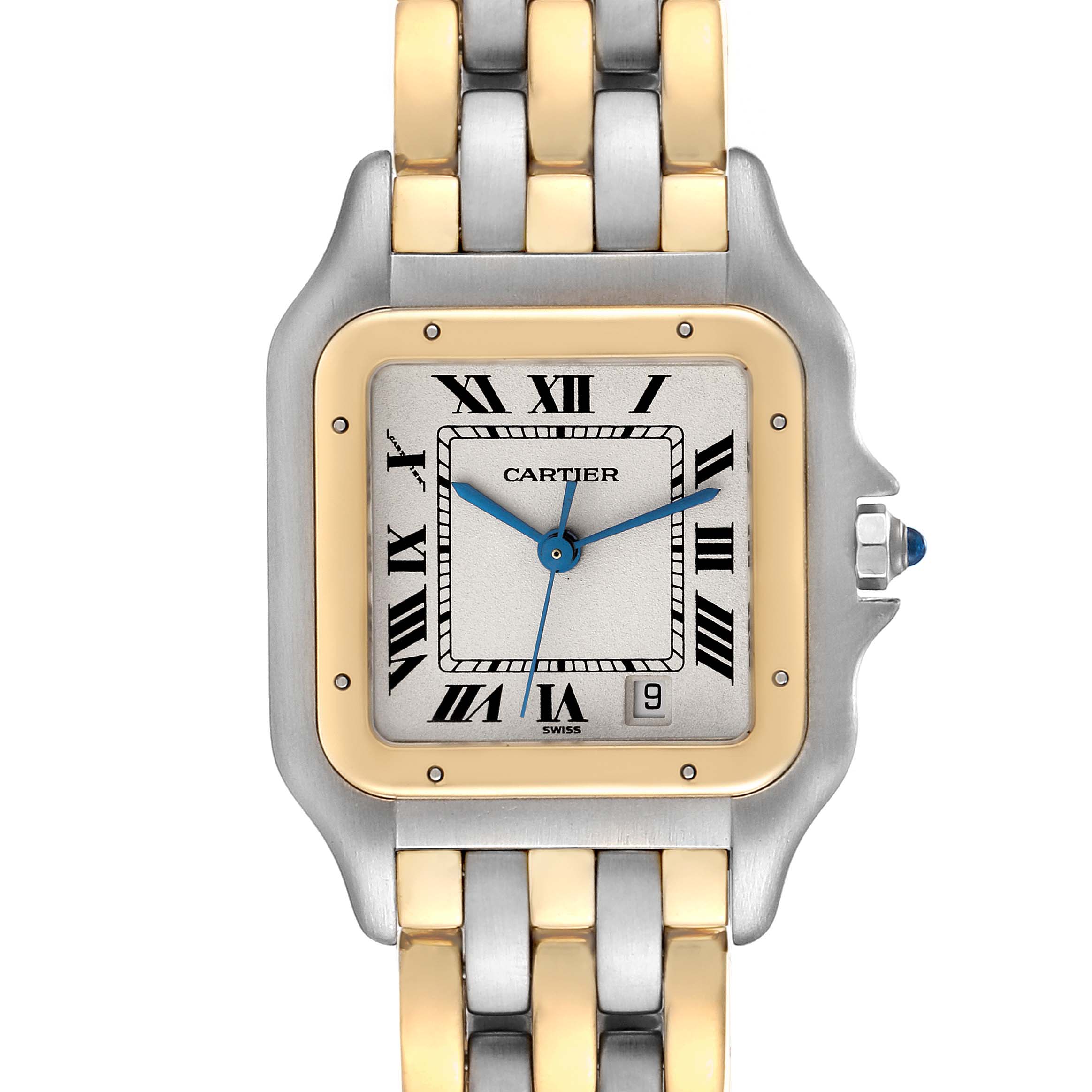 The image shows a front view of the Cartier Panthere W25028B8 Women's Steel and Gold (two tone) Silver Dial W25028B8 Women's Steel and Gold (two tone) Silver Dial watch, displaying the dial, bezel, and part of the bracelet.