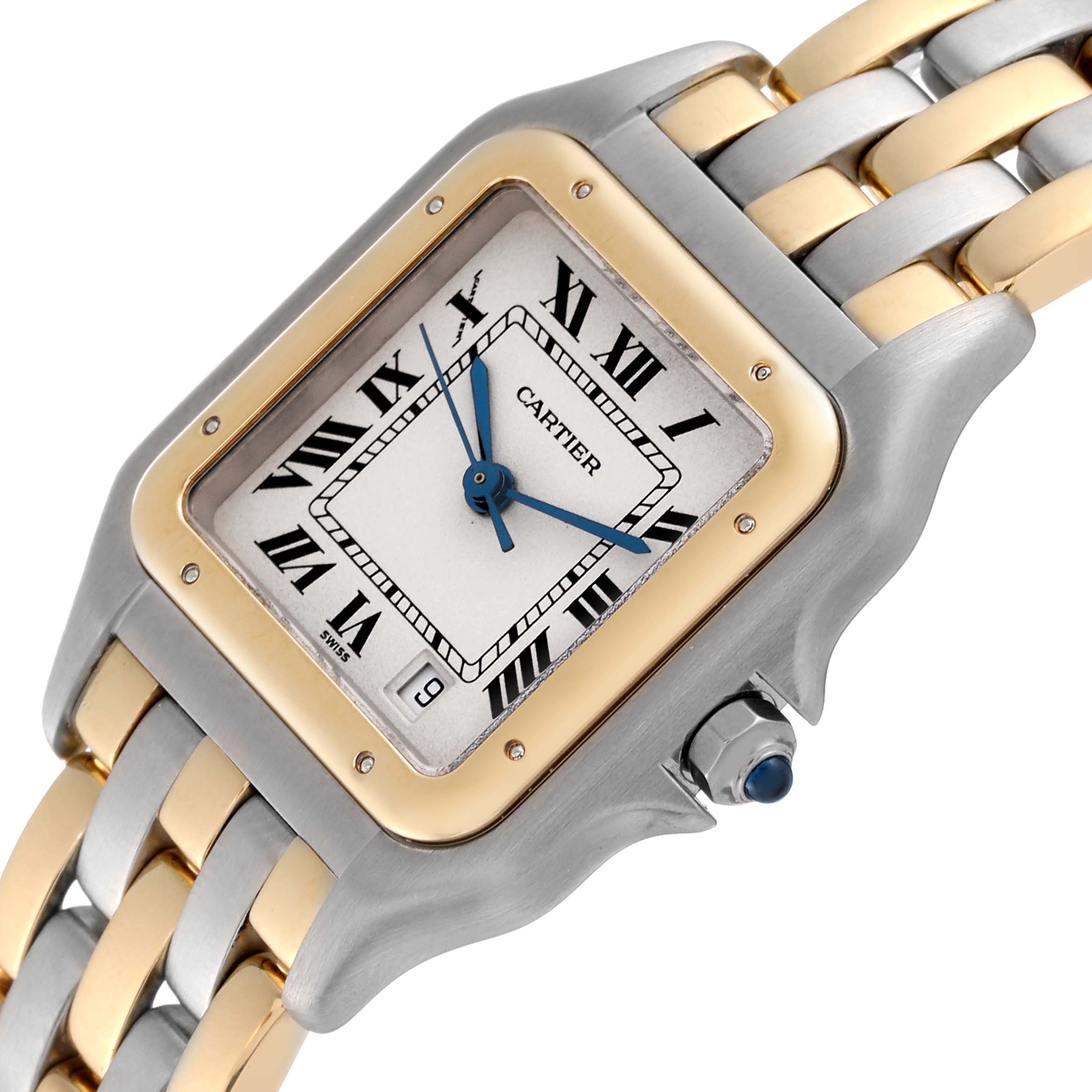 This image shows a close-up angle of the face and part of the strap of the Cartier Panthère watch.