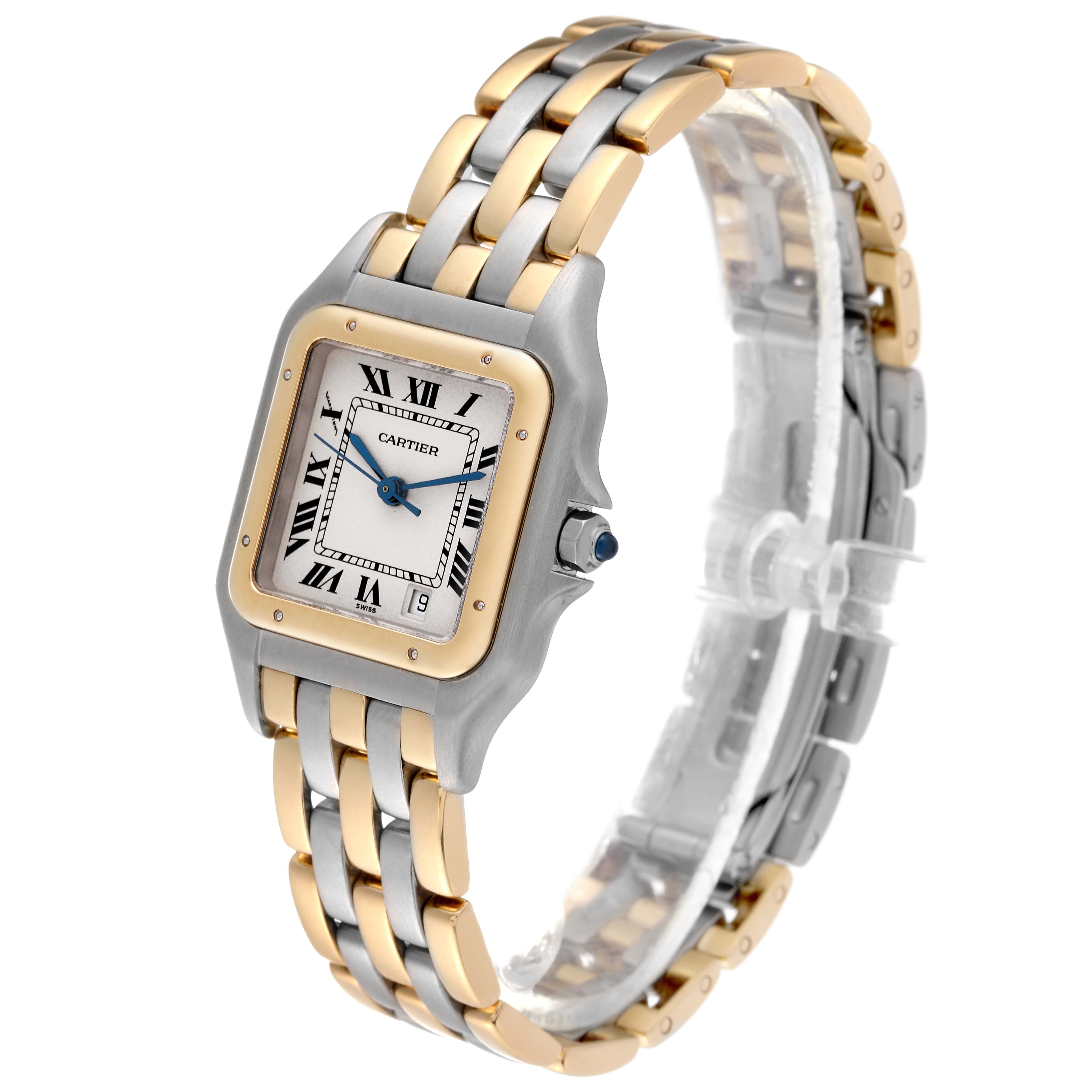 The image shows a Cartier Panthere W25028B8 Women's Steel and Gold (two tone) Silver Dial W25028B8 Women's Steel and Gold (two tone) Silver Dial watch at a three-quarter angle, highlighting its two-tone bracelet and silver square face.