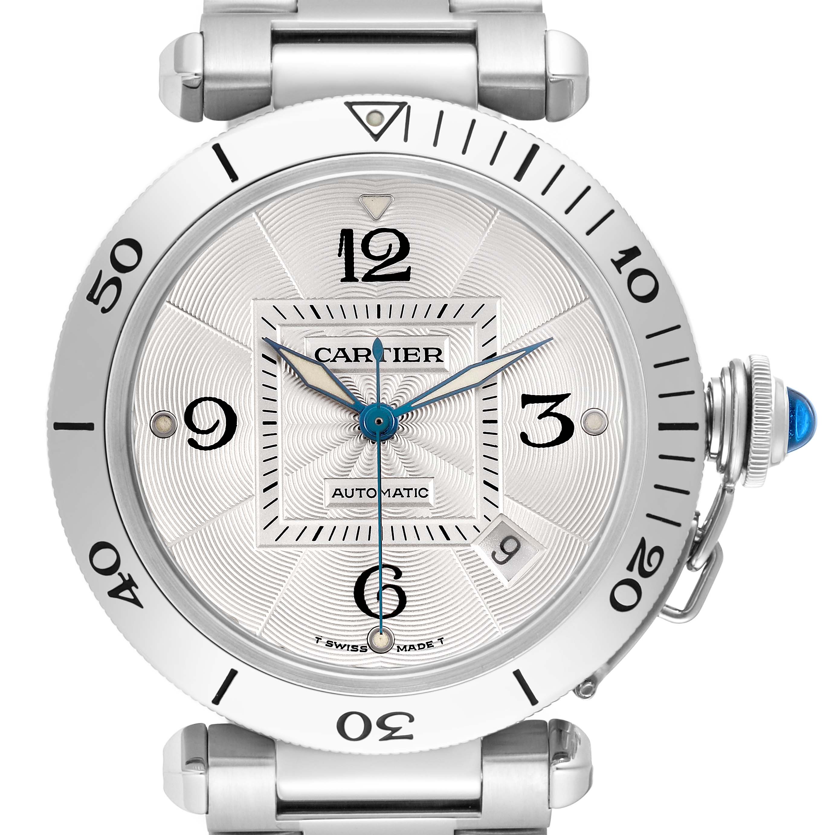 The Cartier Pasha W31059H3 Men's Stainless Steel Silver Dial watch is shown from the front, highlighting the dial, bezel, crown with a blue cabochon, and part of the metal bracelet.