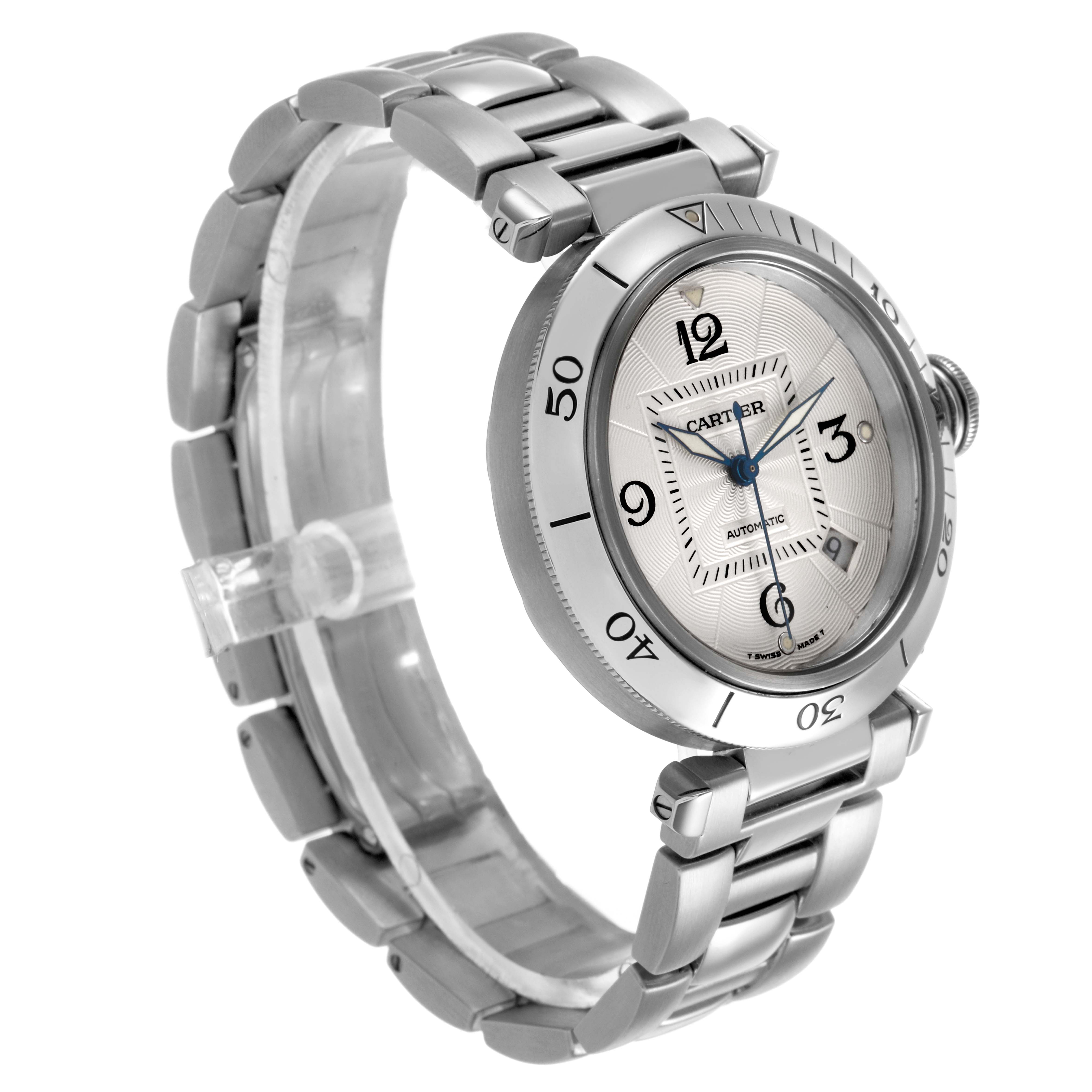 This image shows the Cartier Pasha W31059H3 Men's Stainless Steel Silver Dial watch at a three-quarter view, highlighting the dial, bezel, case, and bracelet.