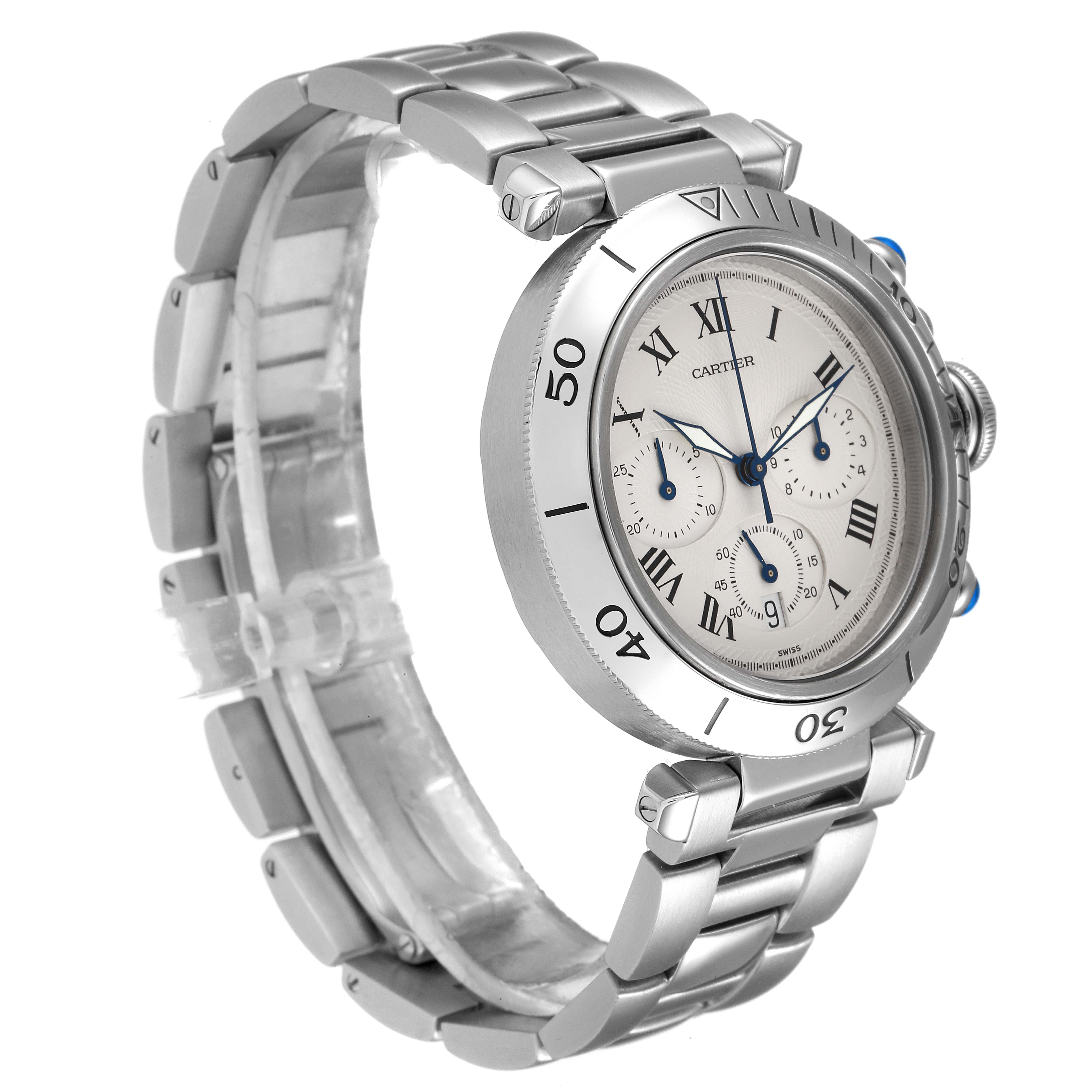 This image shows a Cartier Pasha W31018H3 Men
s Stainless Steel Silver Dial W31018H3 Men
s Stainless Steel Silver Dial watch at a three-quarter angle, highlighting its face, bezel, and bracelet.