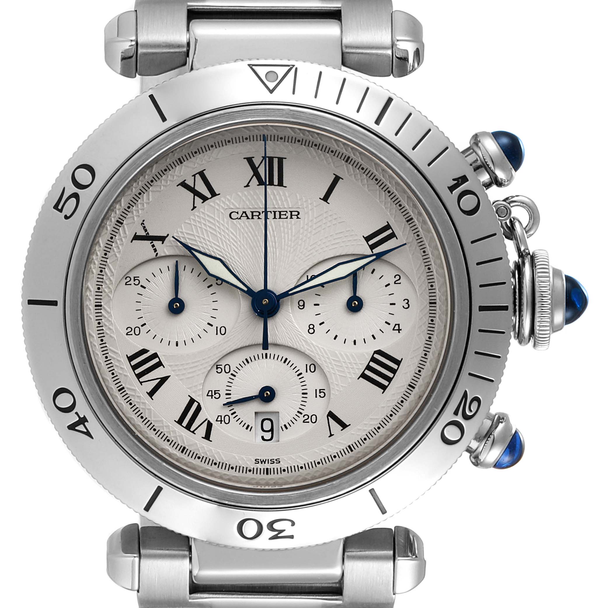 The image displays a front view of the Cartier Pasha W31018H3 Men
s Stainless Steel Silver Dial W31018H3 Men
s Stainless Steel Silver Dial watch, showing the face, bezel, and part of the strap.