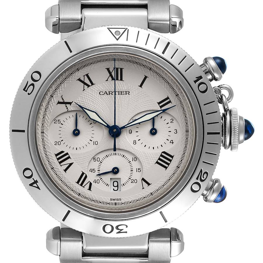 Cartier Pasha Chronograph Silver Dial Steel Mens Watch W31018H3 SwissWatchExpo