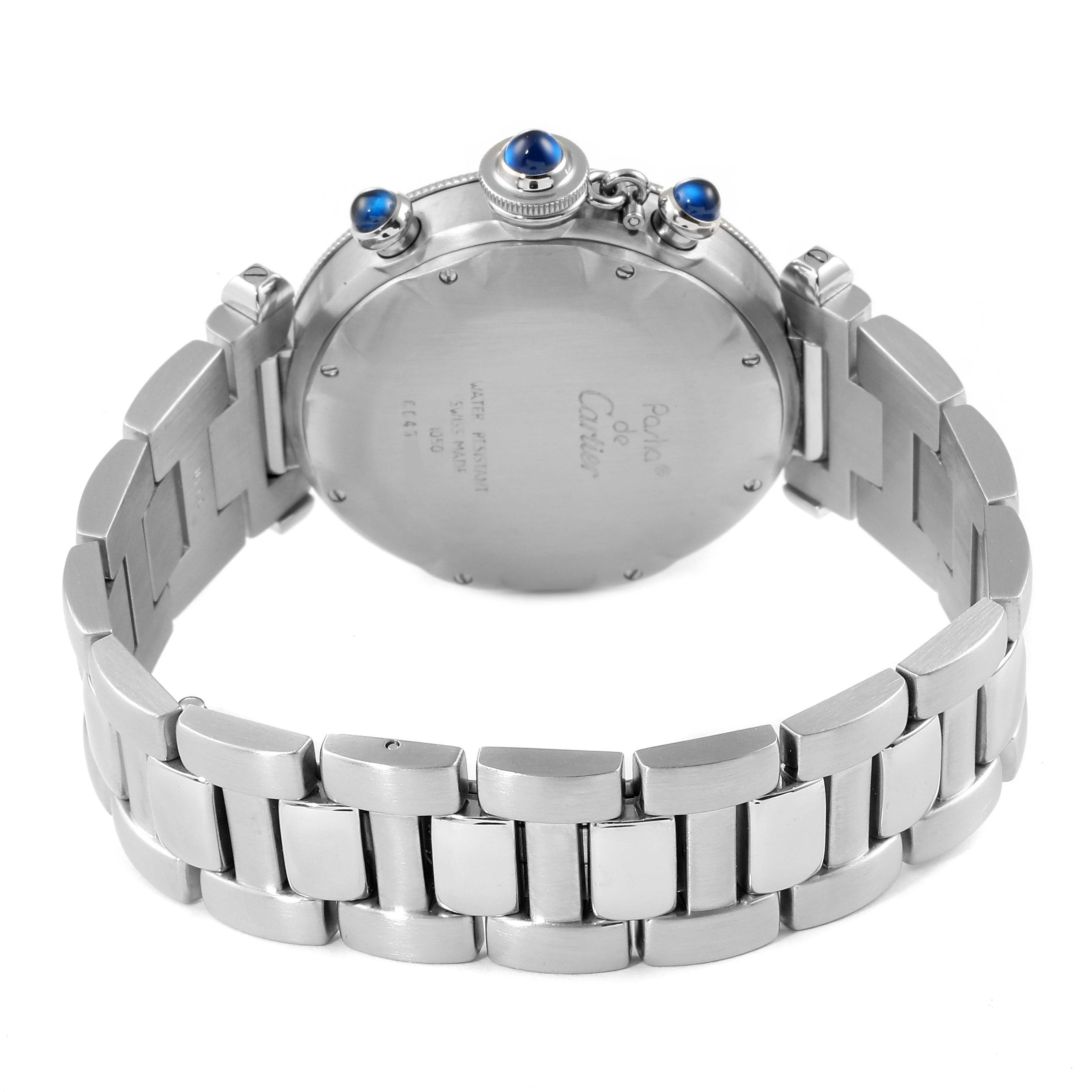The image shows the back view of a Cartier Pasha W31018H3 Men
s Stainless Steel Silver Dial W31018H3 Men
s Stainless Steel Silver Dial watch, highlighting its case back and metal bracelet.