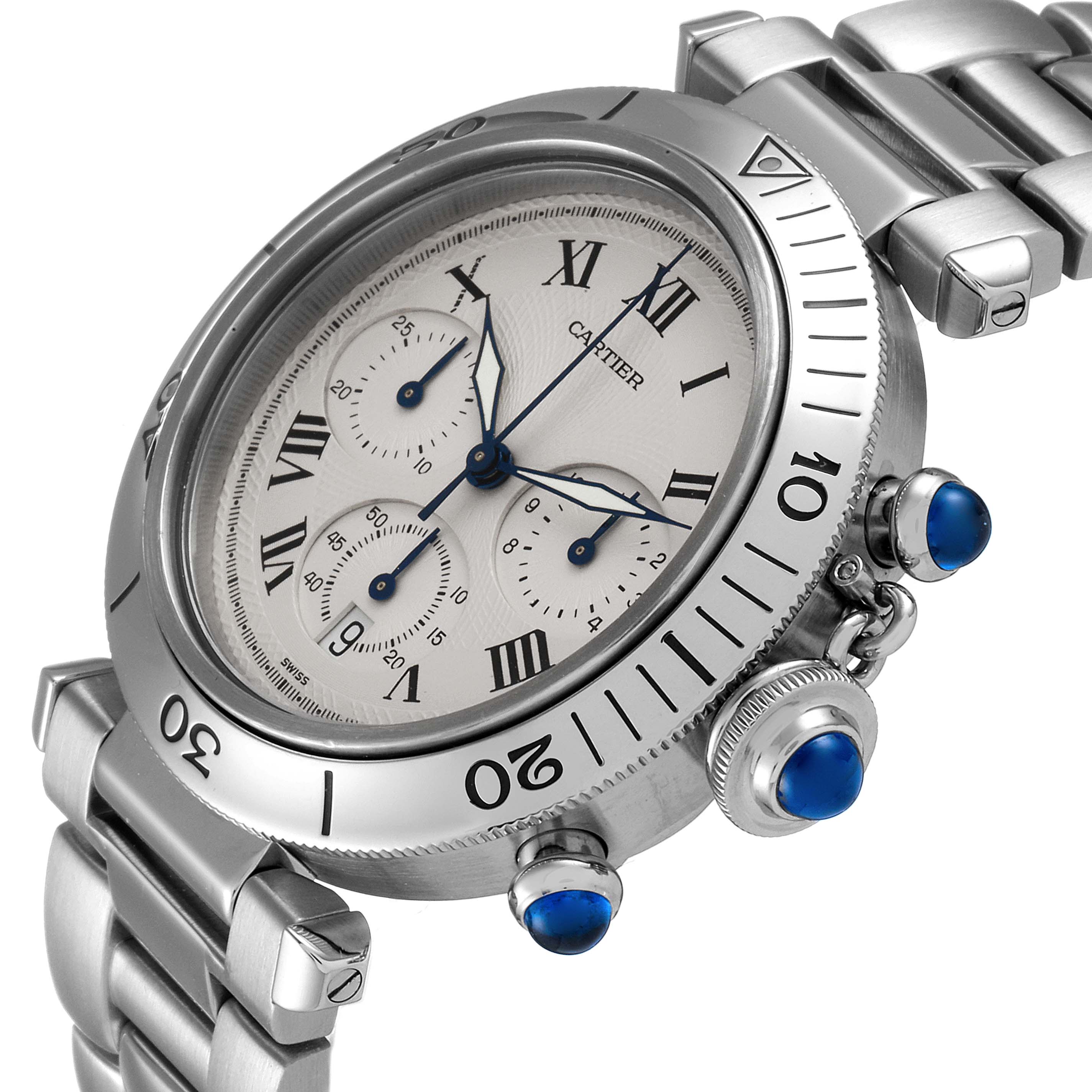 The image shows a close-up angle of the Cartier Pasha W31018H3 Men
s Stainless Steel Silver Dial W31018H3 Men
s Stainless Steel Silver Dial watch, highlighting the face, bezel, and part of the metal strap.