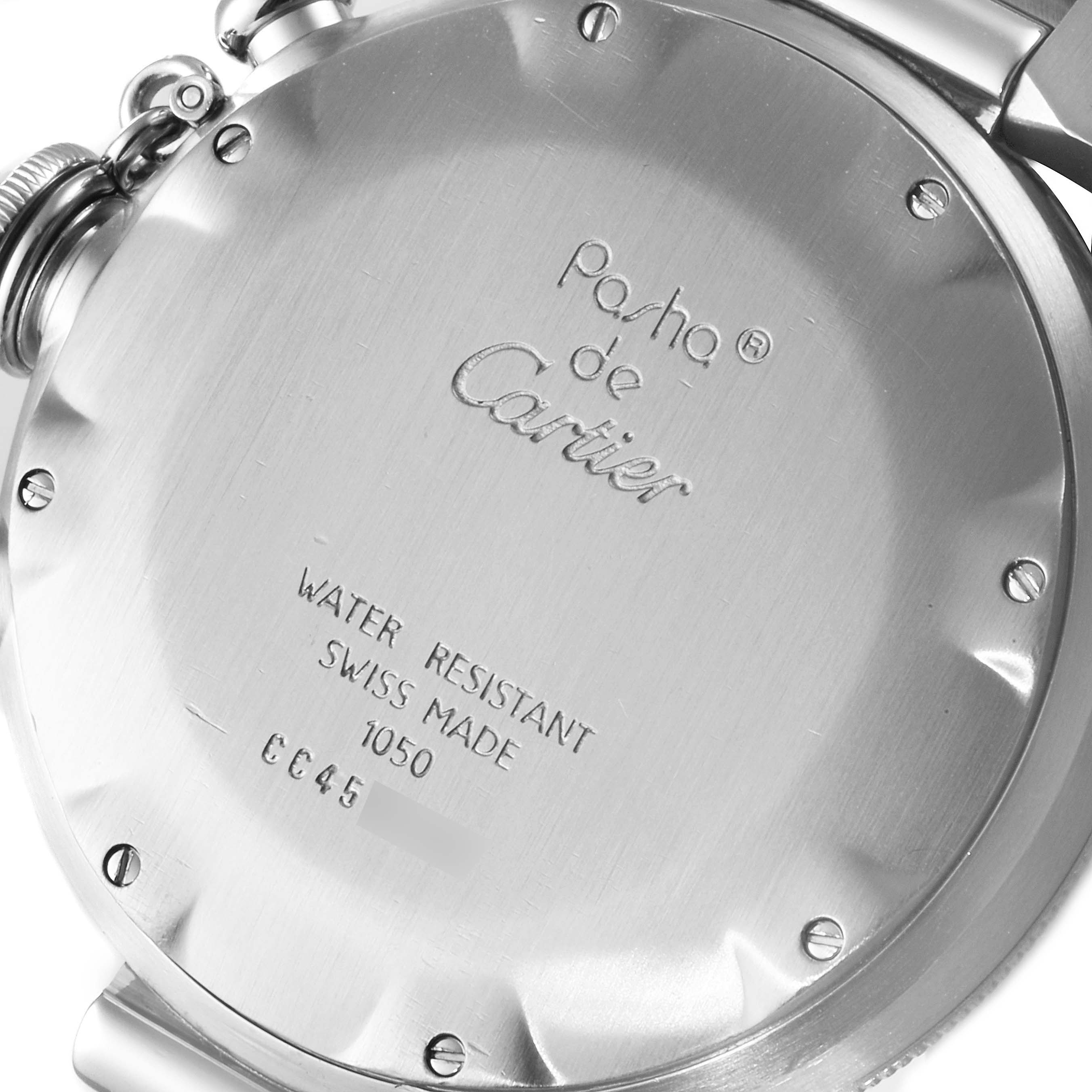 The image shows the back casing of a Cartier Pasha W31018H3 Men
s Stainless Steel Silver Dial W31018H3 Men
s Stainless Steel Silver Dial watch, highlighting its branding and water resistance information.