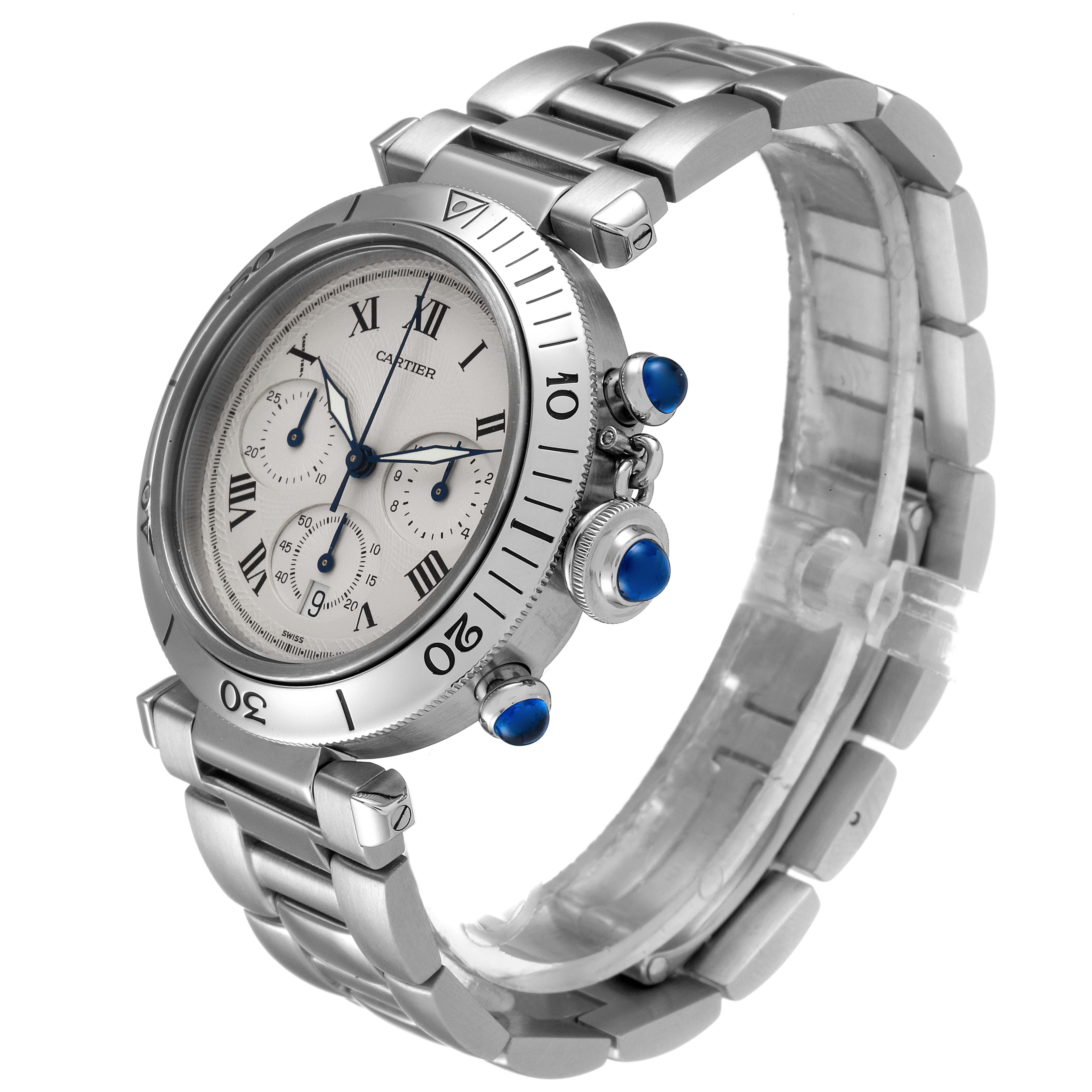 The image shows a Cartier Pasha W31018H3 Men
s Stainless Steel Silver Dial W31018H3 Men
s Stainless Steel Silver Dial model watch at an angled side view, highlighting its face, bezel, and bracelet.