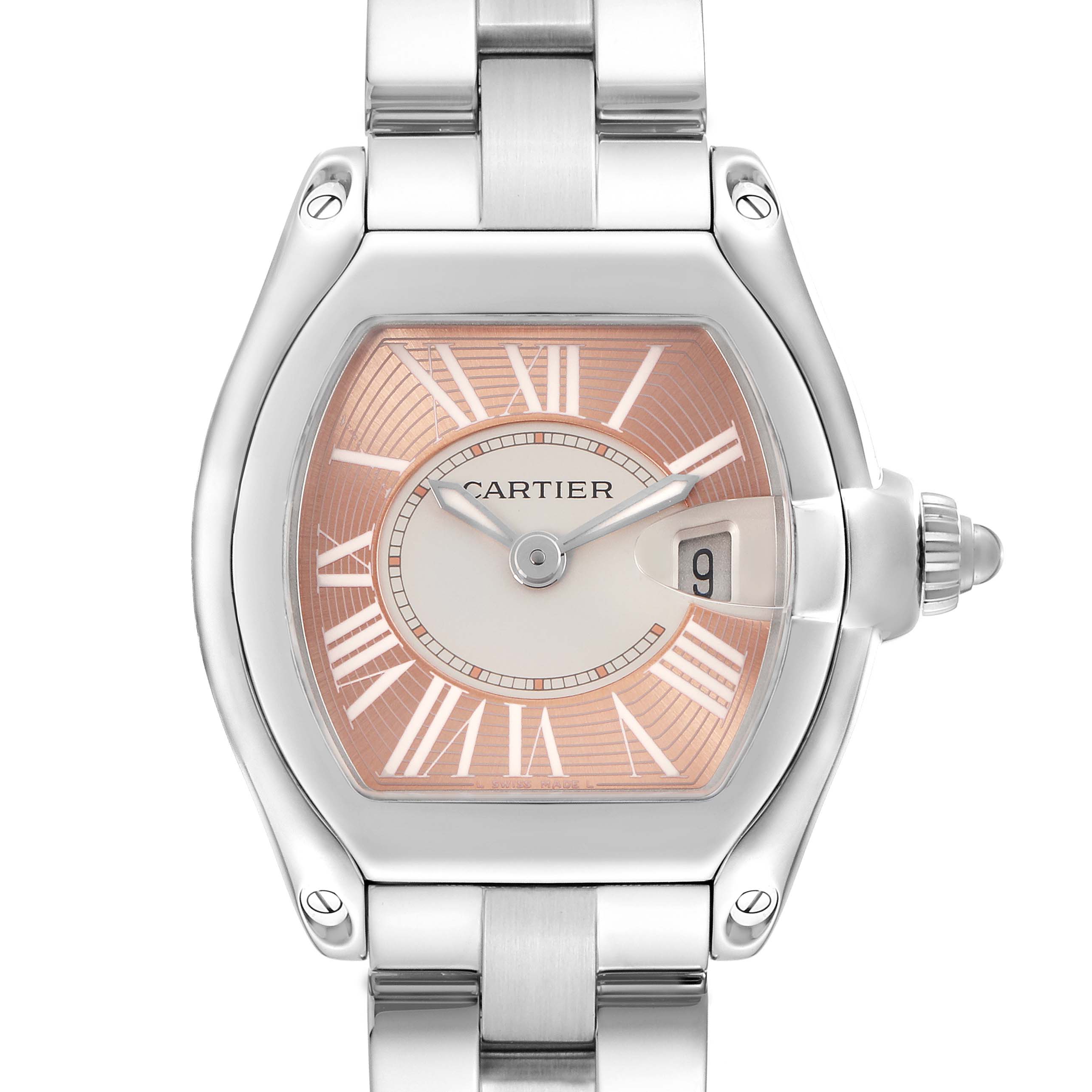 The Cartier Roadster W62054V3 Women
s Stainless Steel Pink Dial W62054V3 Women
s Stainless Steel Pink Dial watch is shown from the front, displaying the dial, hands, crown, and top of the bracelet.