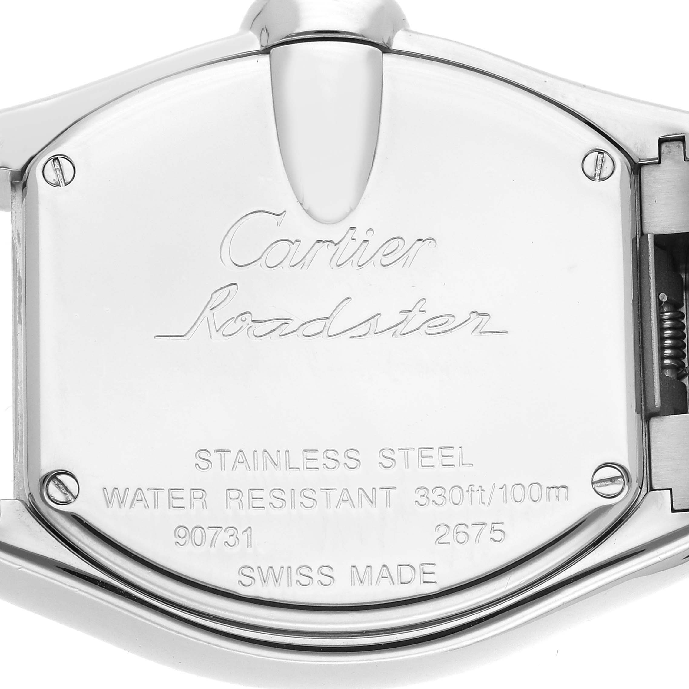 The image shows the back case of a Cartier Roadster W62054V3 Women
s Stainless Steel Pink Dial W62054V3 Women
s Stainless Steel Pink Dial watch, highlighting its stainless steel material and water resistance details.