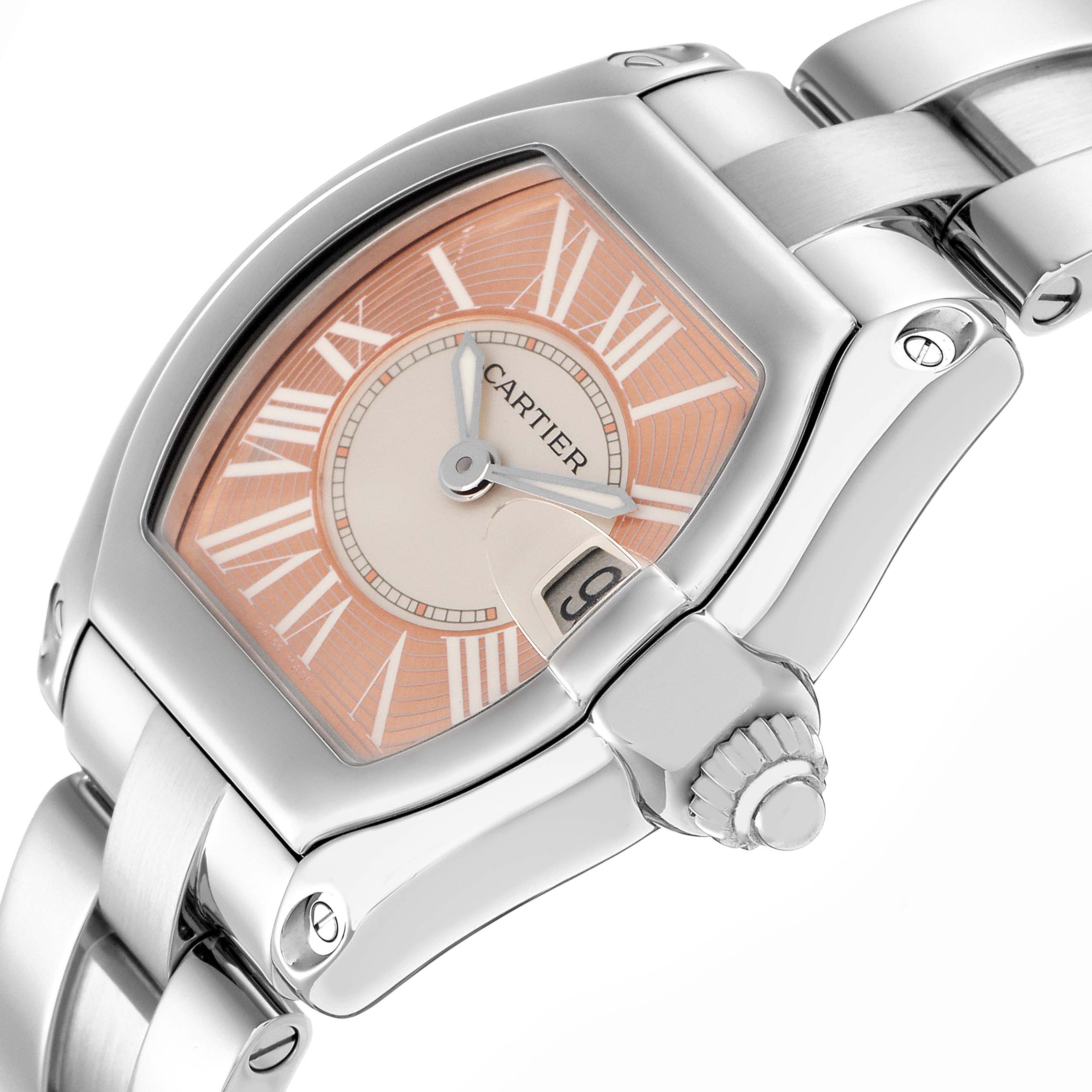 The Cartier Roadster W62054V3 Women
s Stainless Steel Pink Dial W62054V3 Women
s Stainless Steel Pink Dial watch is shown at an angle highlighting the dial, crown, and part of the bracelet.