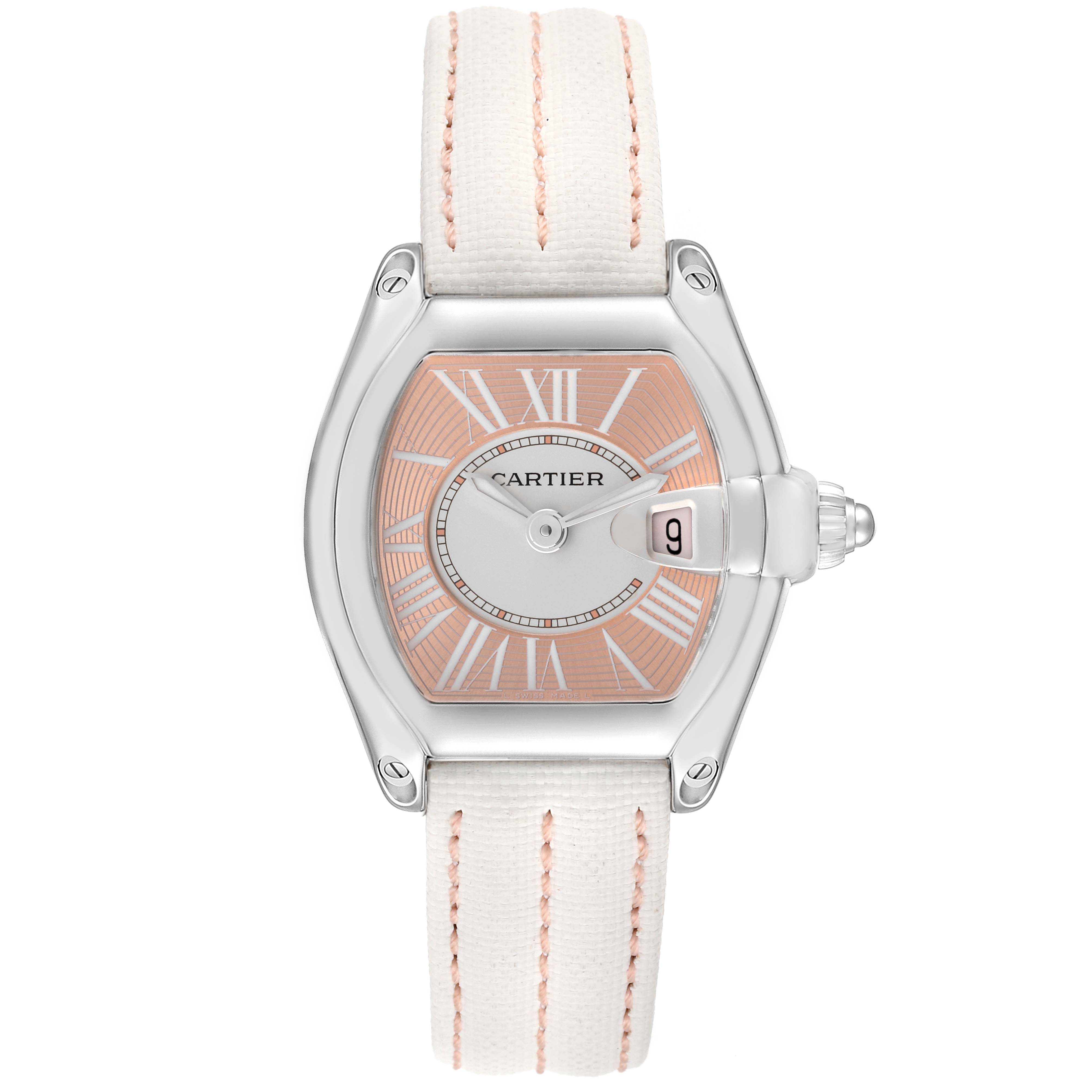 The Cartier Roadster W62054V3 Women
s Stainless Steel Pink Dial W62054V3 Women
s Stainless Steel Pink Dial watch is shown from a top-down view, displaying its dial, strap, and crown.