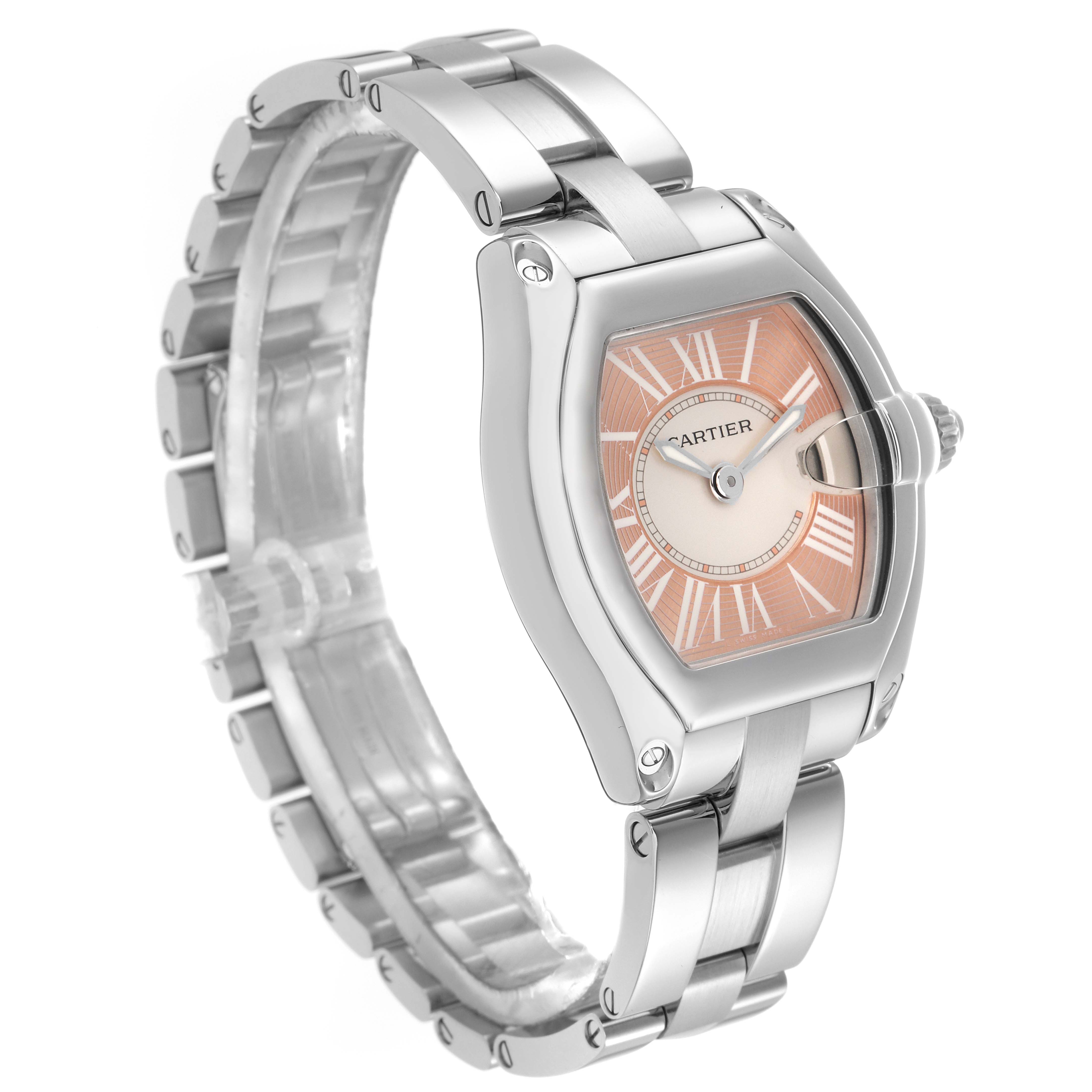 The Cartier Roadster W62054V3 Women
s Stainless Steel Pink Dial W62054V3 Women
s Stainless Steel Pink Dial watch is shown at an angle highlighting its face, crown, and partial bracelet.