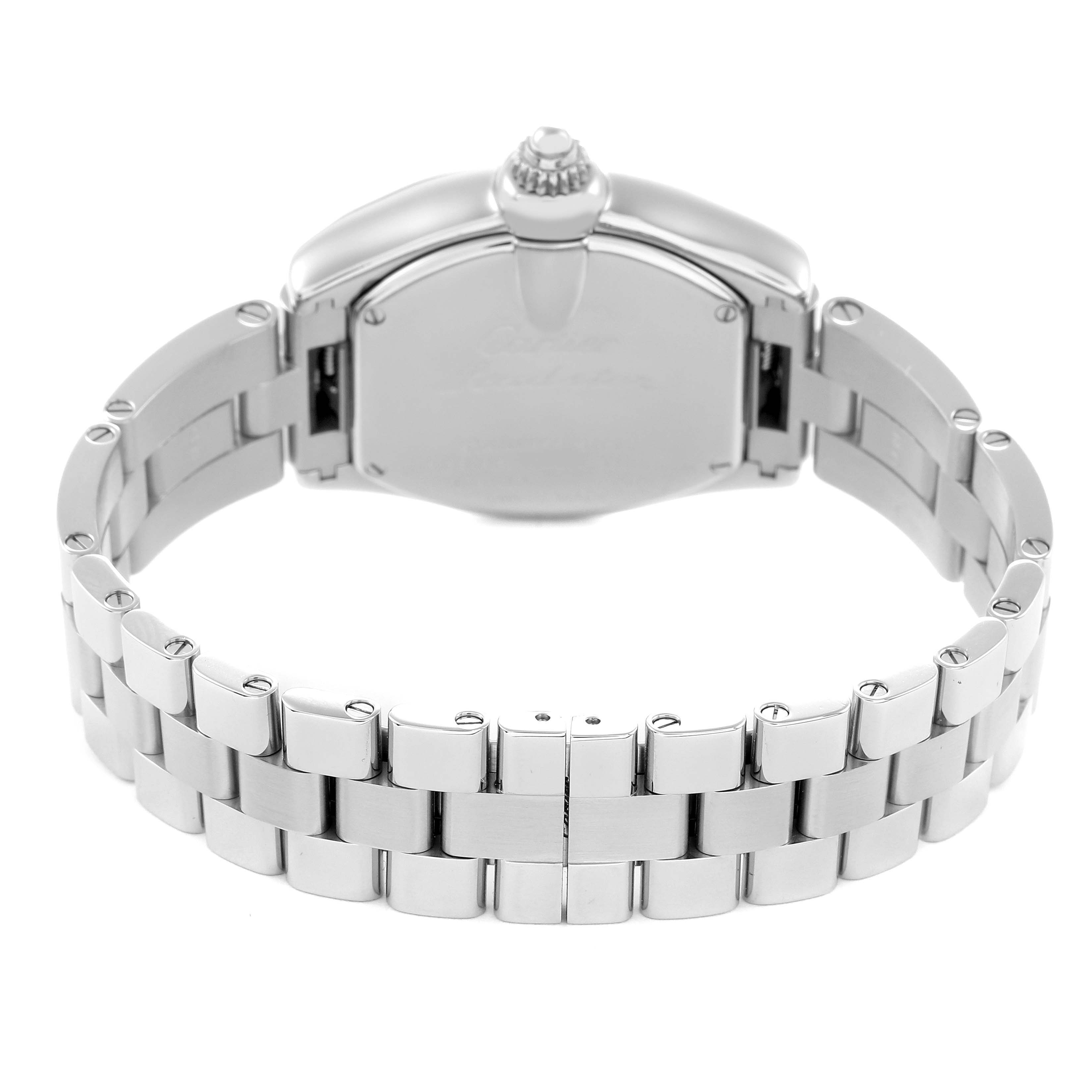 The image shows the back view of the Cartier Roadster W62054V3 Women
s Stainless Steel Pink Dial W62054V3 Women
s Stainless Steel Pink Dial watch displaying the metal bracelet and case back.