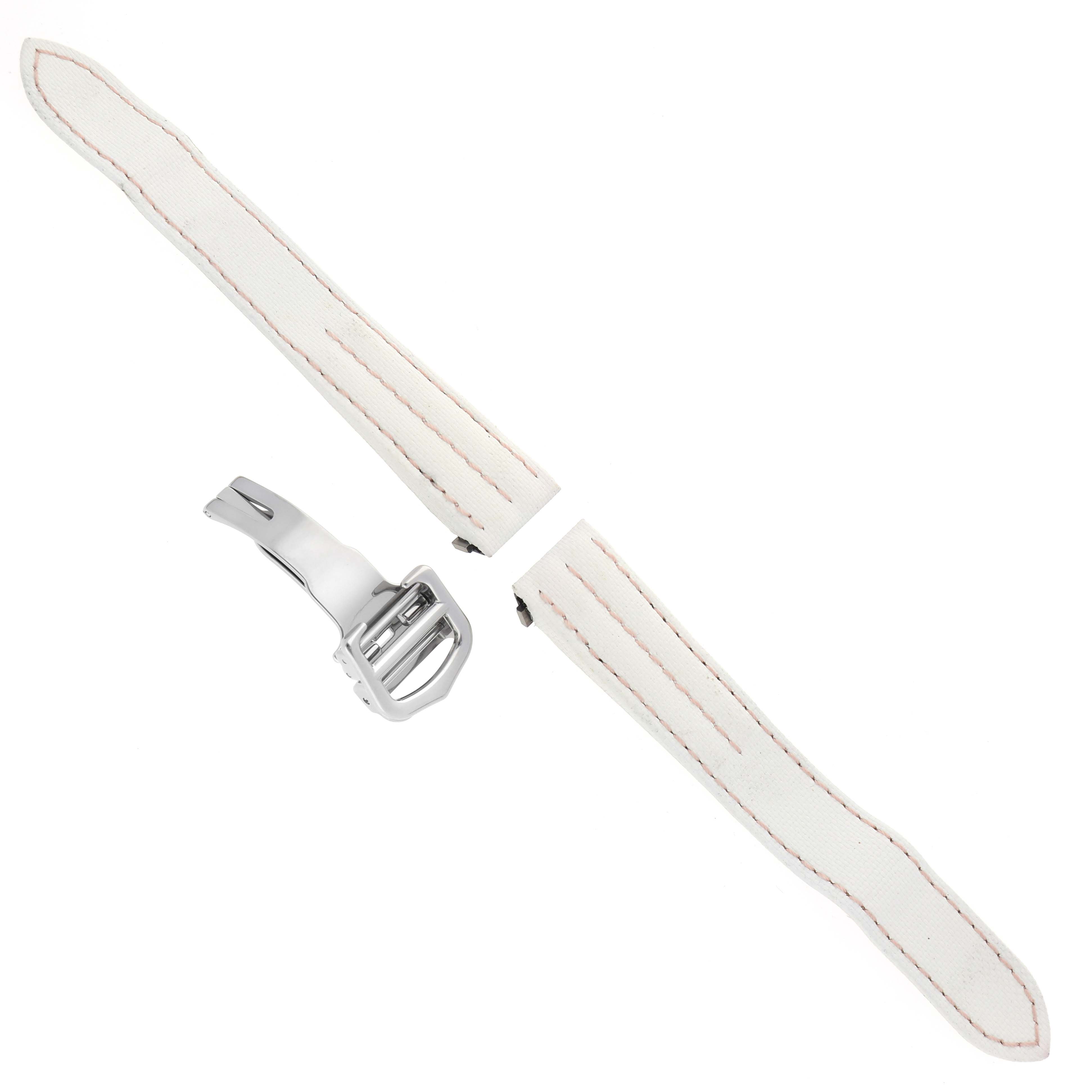 The image shows a Cartier Roadster W62054V3 Women
s Stainless Steel Pink Dial W62054V3 Women
s Stainless Steel Pink Dial watch
s white leather straps and a stainless steel clasp from a top-down angle.