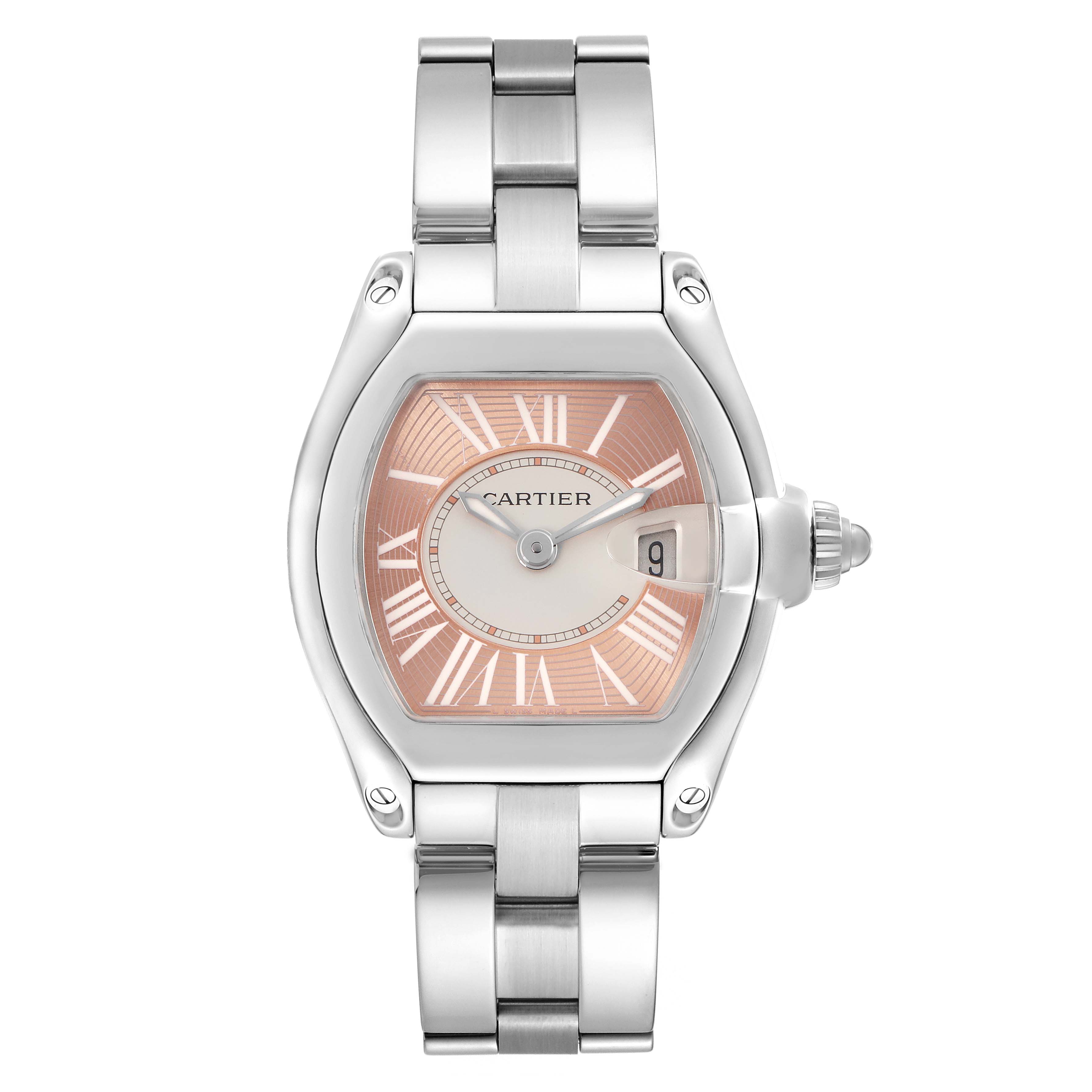 The Cartier Roadster W62054V3 Women
s Stainless Steel Pink Dial W62054V3 Women
s Stainless Steel Pink Dial watch is shown from a top-down angle, highlighting its face, bracelet, and distinctive crown.