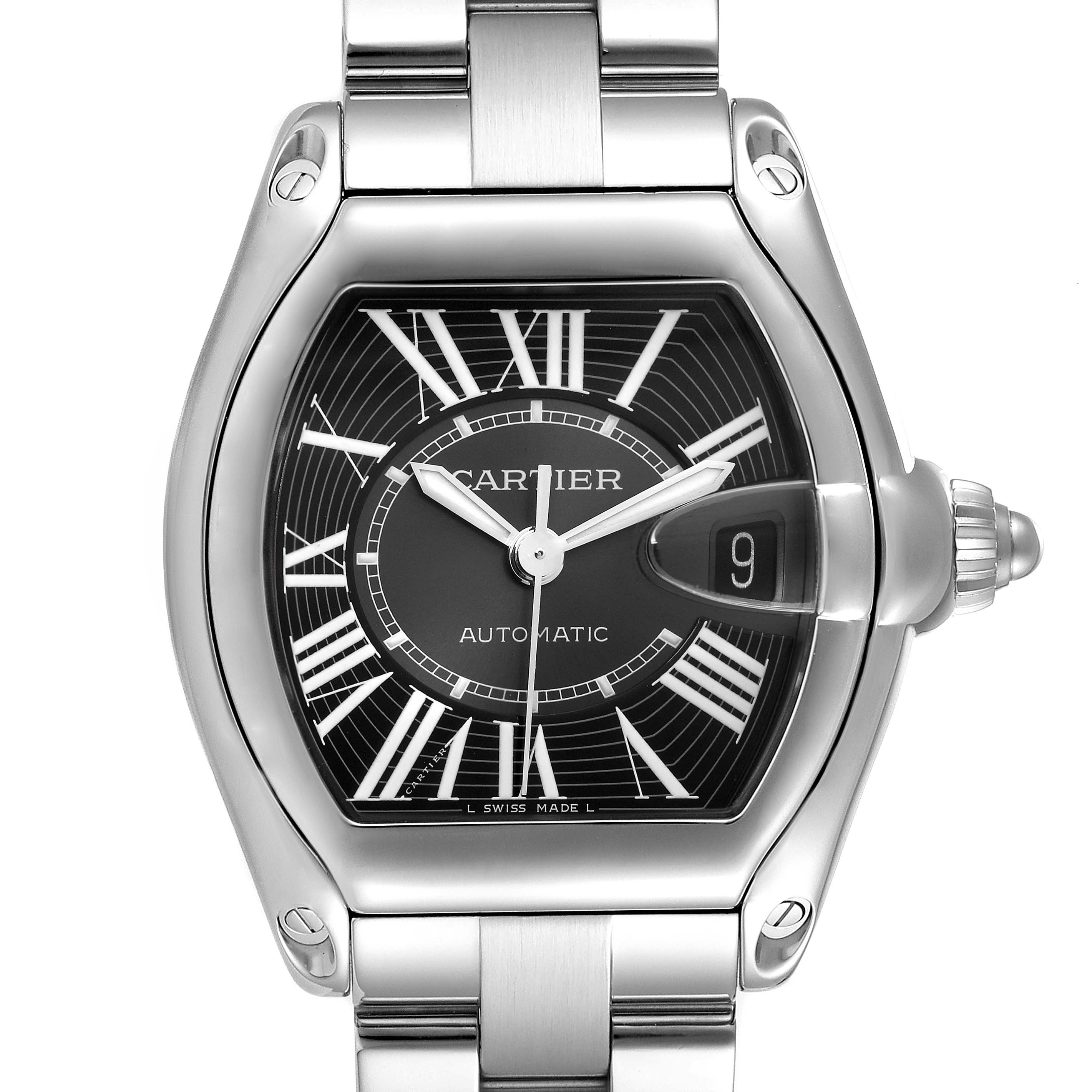 The Cartier Roadster W62041V3 Men
s Stainless Steel Black Dial W62041V3 Men
s Stainless Steel Black Dial watch is shown from a top view, displaying its face, bezel, crown, and part of the bracelet.