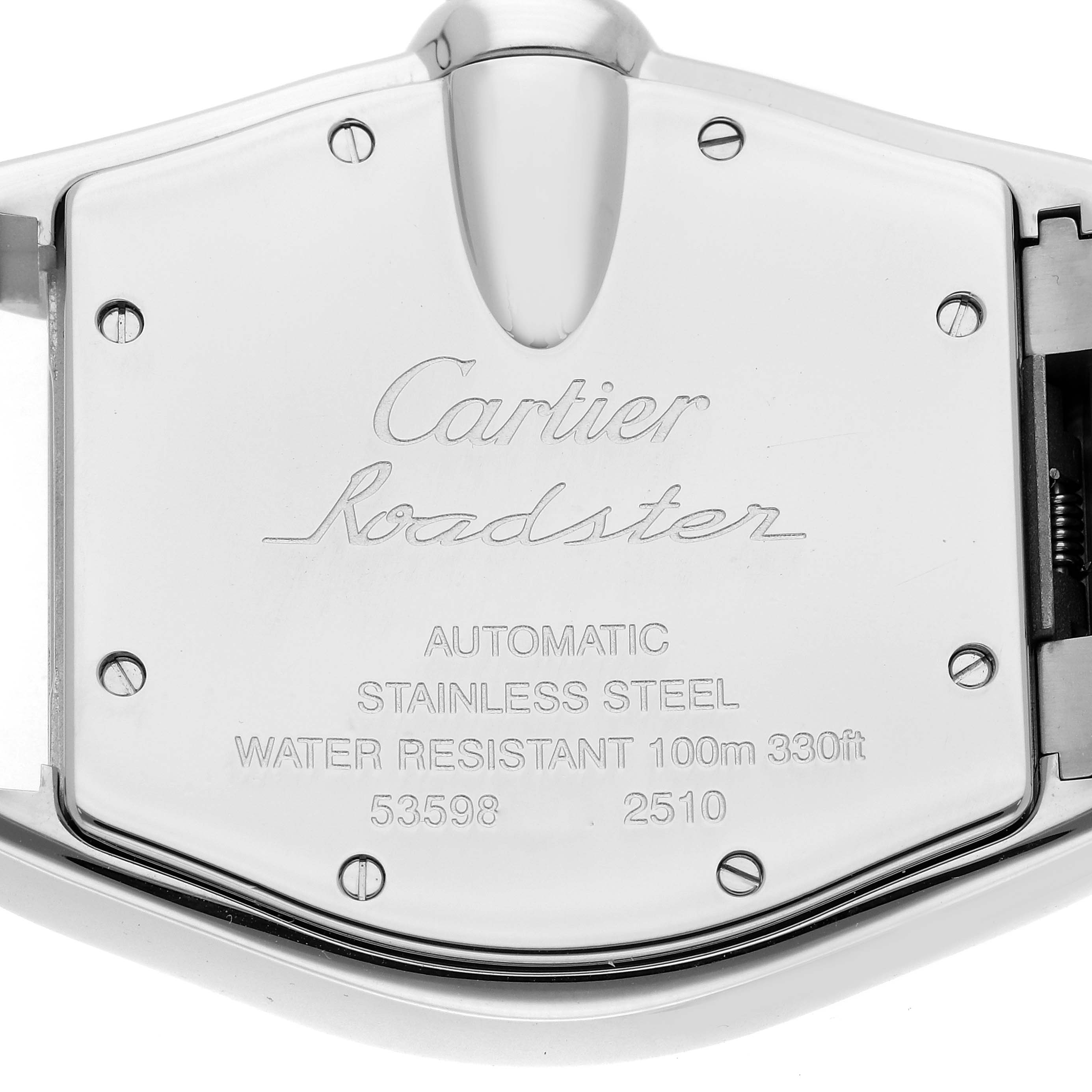 The image shows the back case of the Cartier Roadster W62041V3 Men
s Stainless Steel Black Dial W62041V3 Men
s Stainless Steel Black Dial watch, displaying engravings and screws.