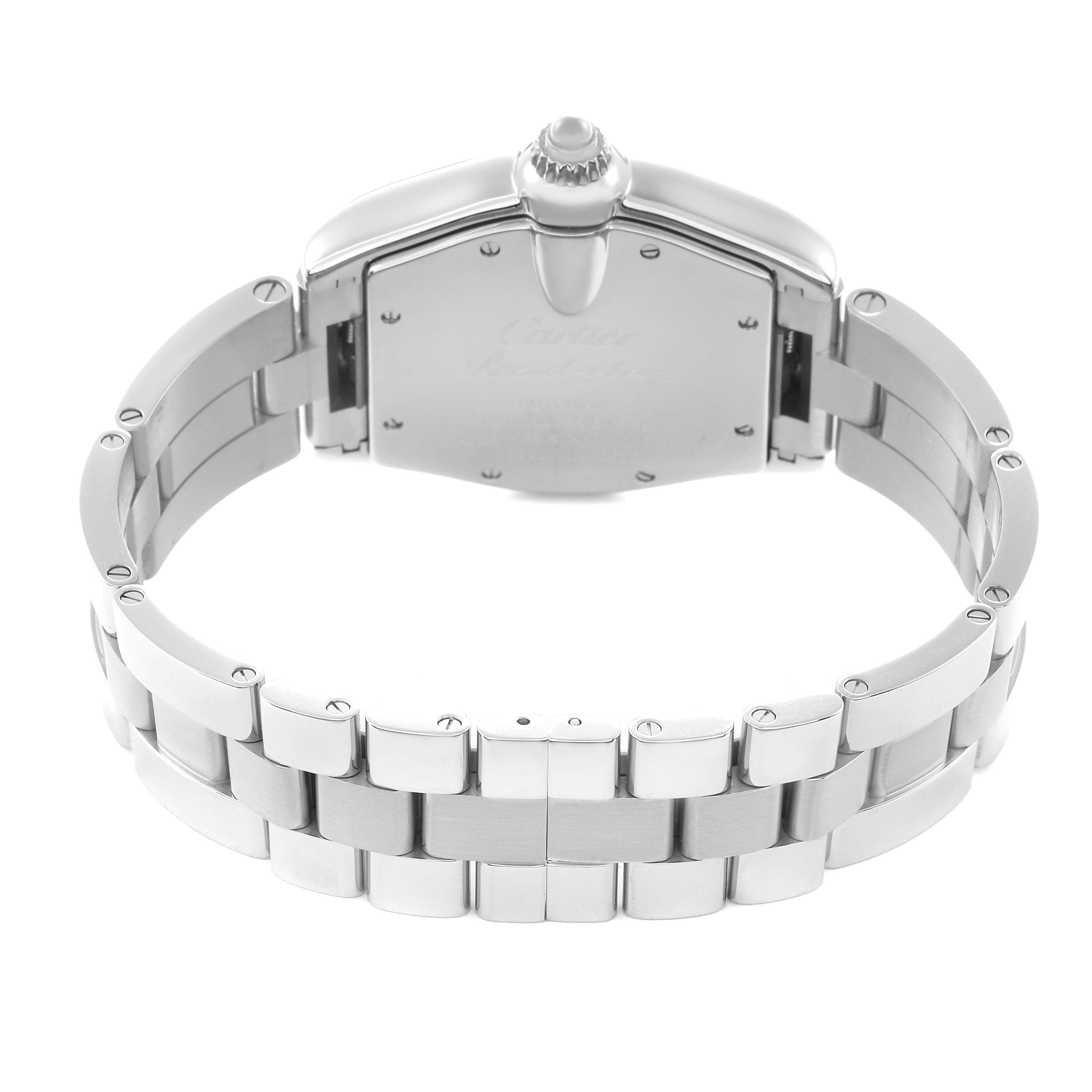 The image shows the back and bracelet of a Cartier Roadster W62041V3 Men
s Stainless Steel Black Dial W62041V3 Men
s Stainless Steel Black Dial watch, highlighting the case and clasp from a rear angle.