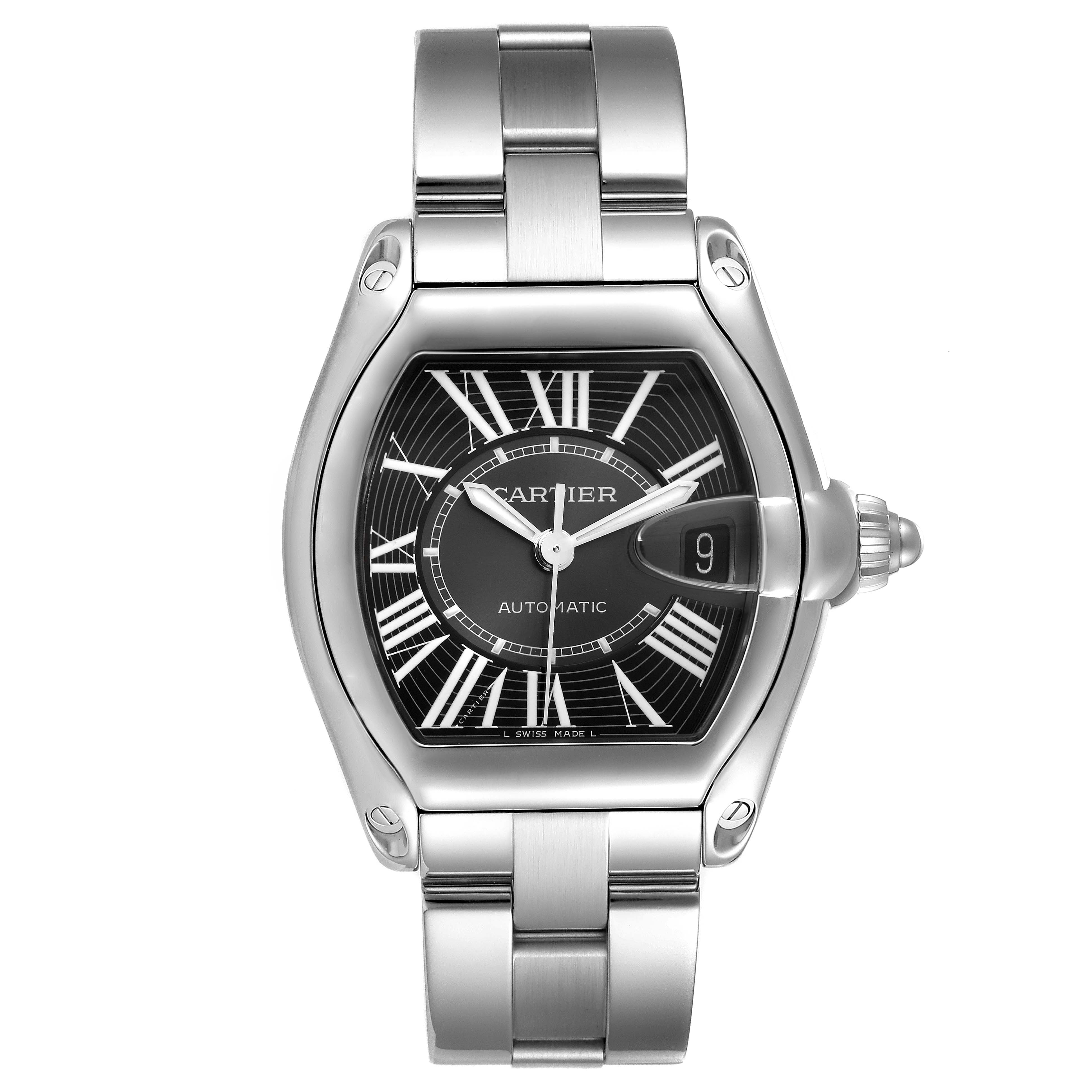The Cartier Roadster W62041V3 Men
s Stainless Steel Black Dial W62041V3 Men
s Stainless Steel Black Dial watch is shown from the front, displaying its dial, case, bracelet, and crown.