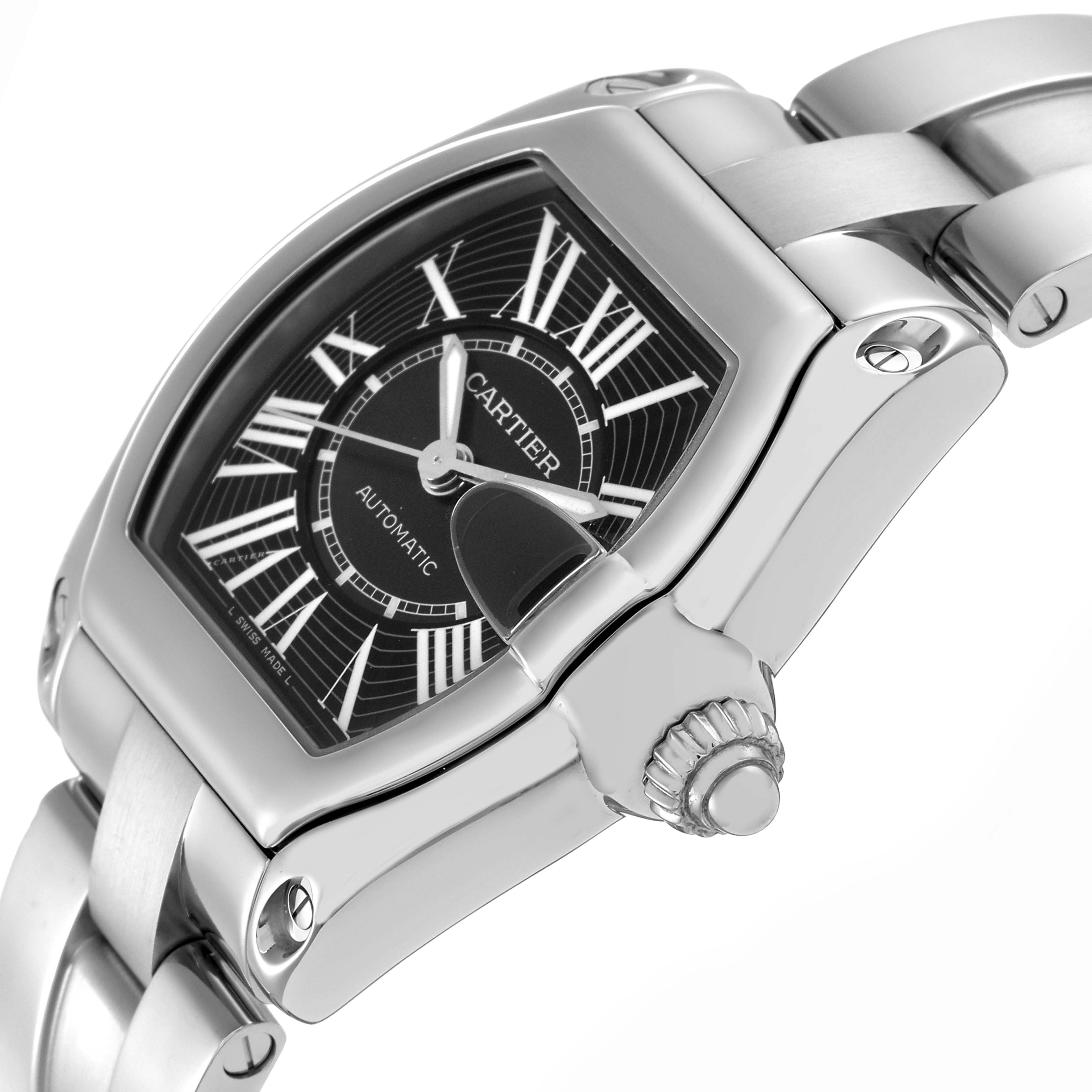 The Cartier Roadster W62041V3 Men
s Stainless Steel Black Dial W62041V3 Men
s Stainless Steel Black Dial watch is shown from a three-quarter angle, highlighting the face, crown, and part of the bracelet.