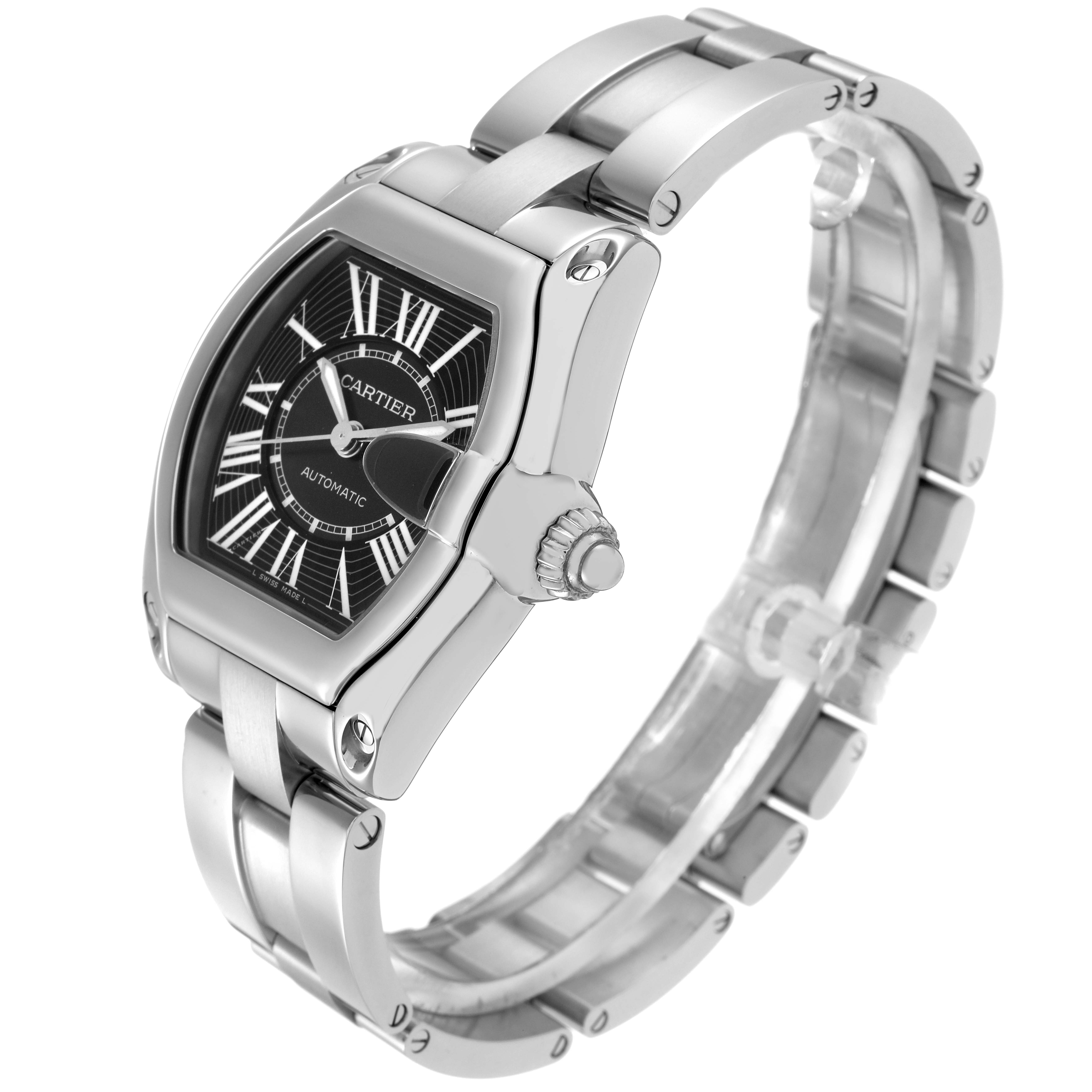The Cartier Roadster W62041V3 Men
s Stainless Steel Black Dial W62041V3 Men
s Stainless Steel Black Dial watch is shown from an angled side view, displaying the face, crown, and stainless steel bracelet.
