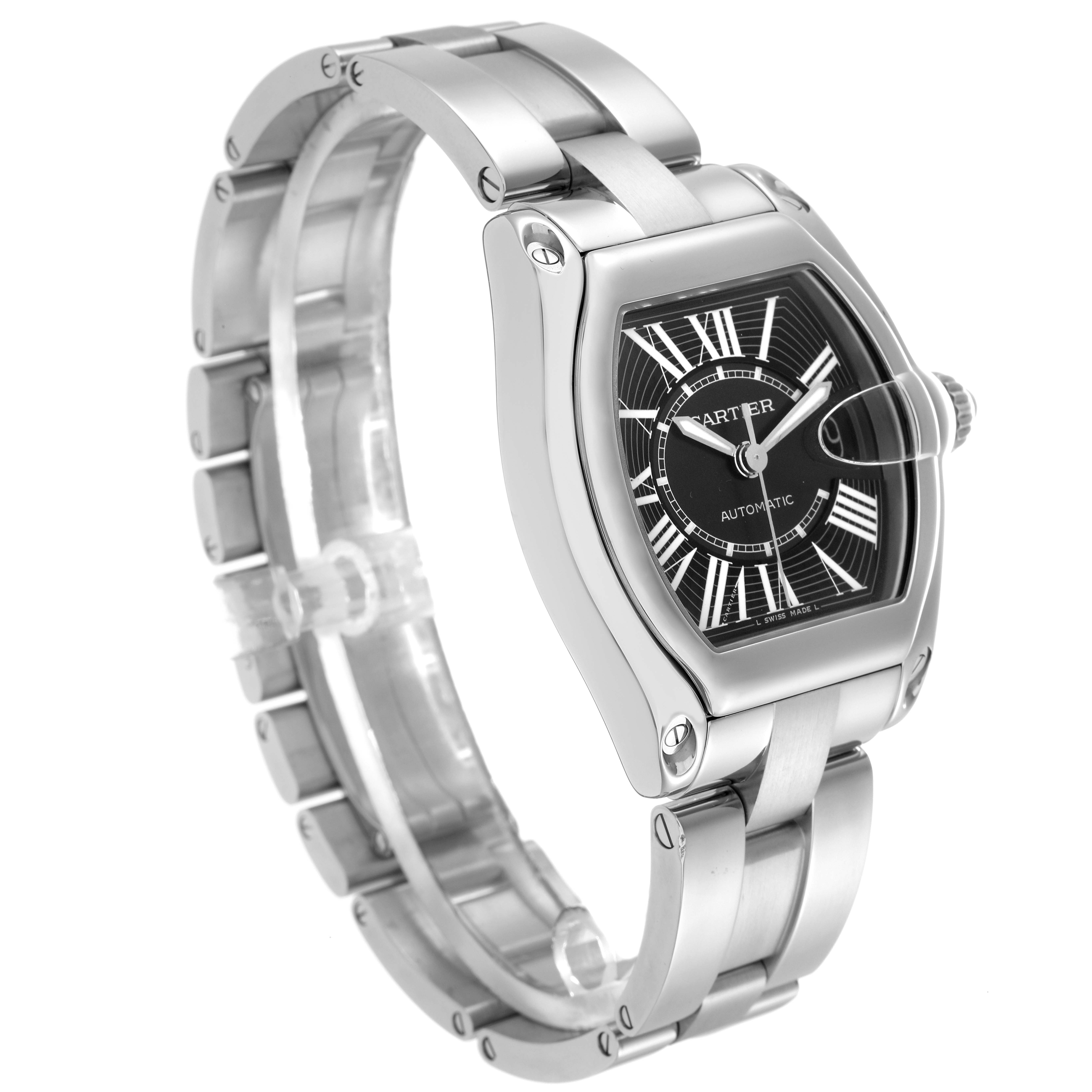 The Cartier Roadster W62041V3 Men
s Stainless Steel Black Dial W62041V3 Men
s Stainless Steel Black Dial watch is shown at a three-quarter angle, highlighting its bracelet, case, and black dial with Roman numerals.