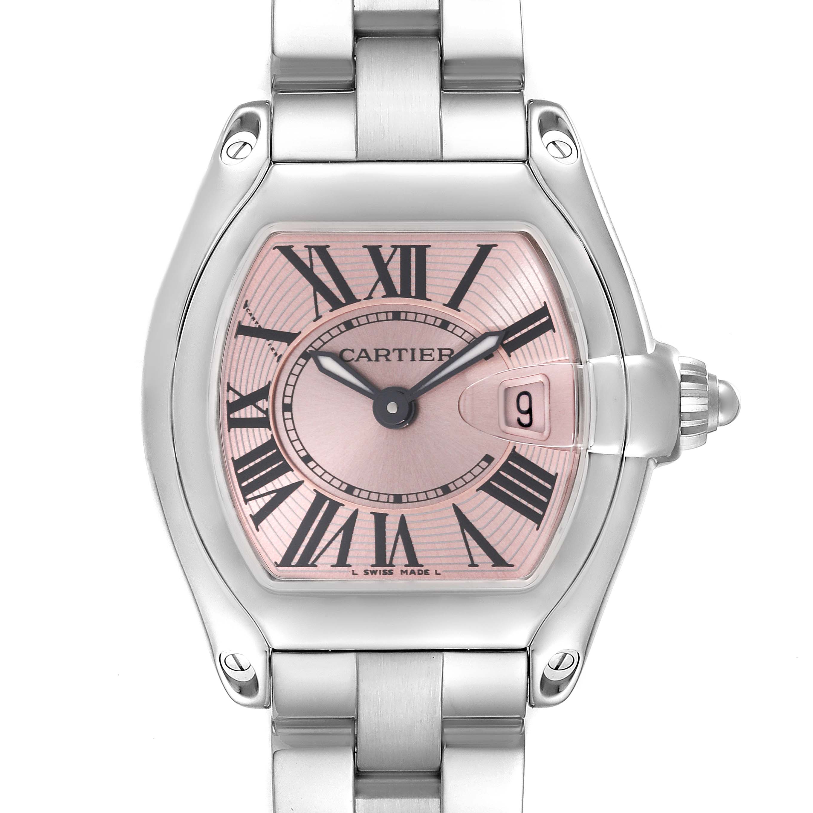 The Cartier Roadster W62017V3 Women's Stainless Steel Pink Dial W62017V3 Women's Stainless Steel Pink Dial watch is shown from the front angle, highlighting its face, bezel, and part of the bracelet.