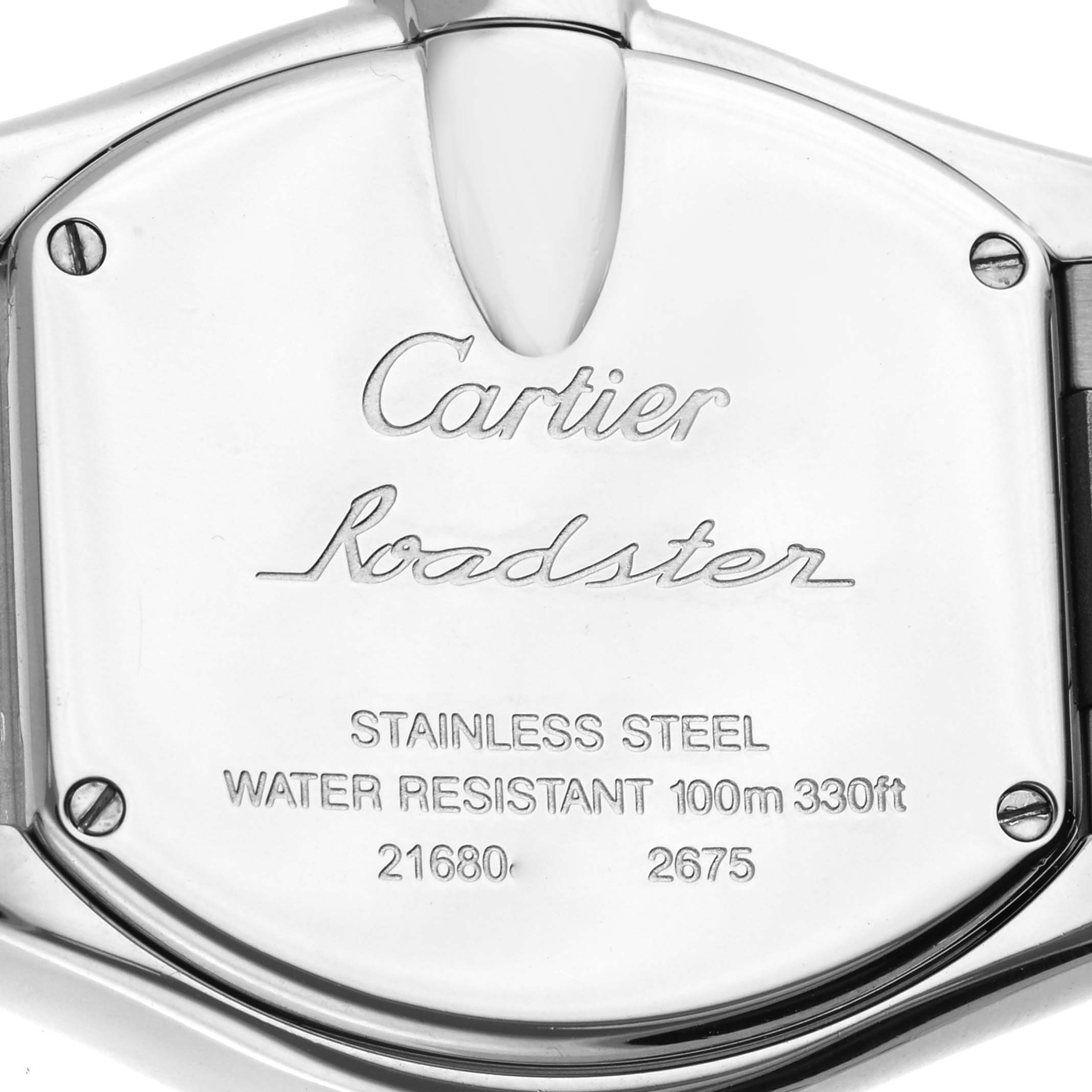 This image shows the back case of a Cartier Roadster W62017V3 Women's Stainless Steel Pink Dial W62017V3 Women's Stainless Steel Pink Dial watch, highlighting its engravings and stainless steel material.