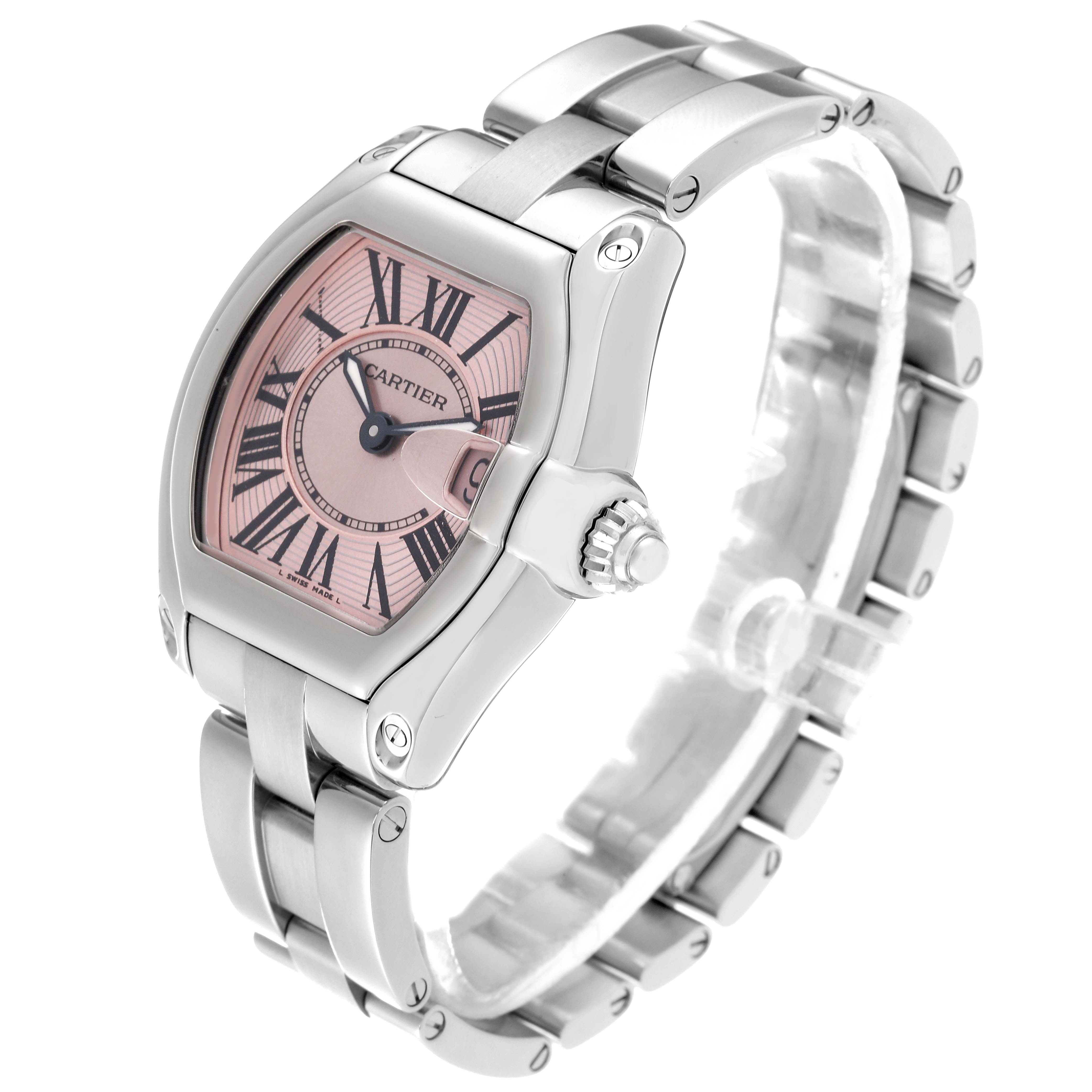 The image shows a side and partial top view of a Cartier Roadster W62017V3 Women's Stainless Steel Pink Dial W62017V3 Women's Stainless Steel Pink Dial watch, highlighting its dial, case, crown, and bracelet.