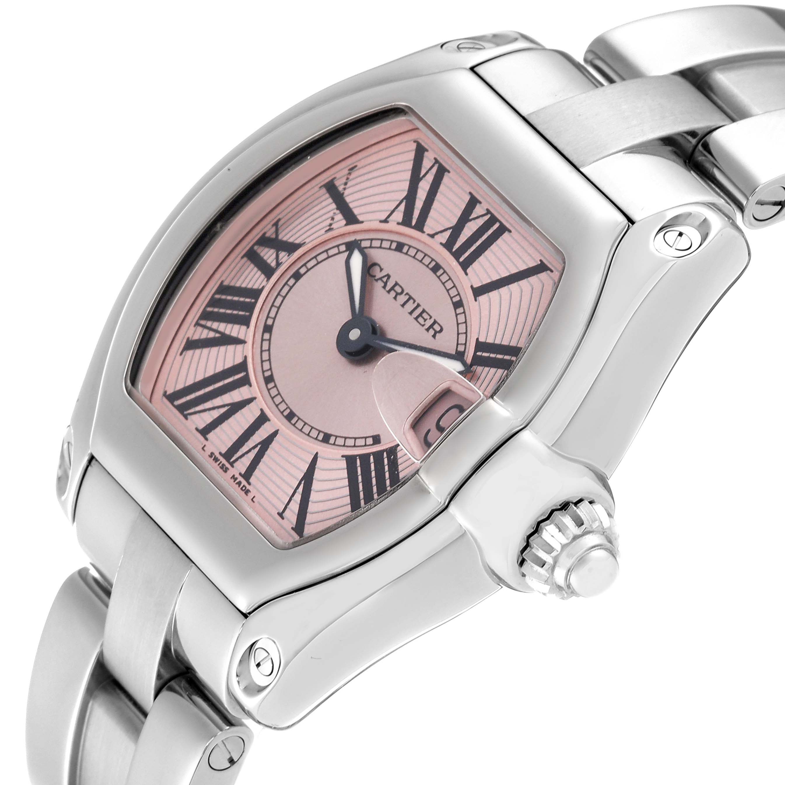 The image shows a tilted view of the Cartier Roadster W62017V3 Women's Stainless Steel Pink Dial W62017V3 Women's Stainless Steel Pink Dial watch, highlighting its dial, bezel, crown, and stainless steel bracelet.