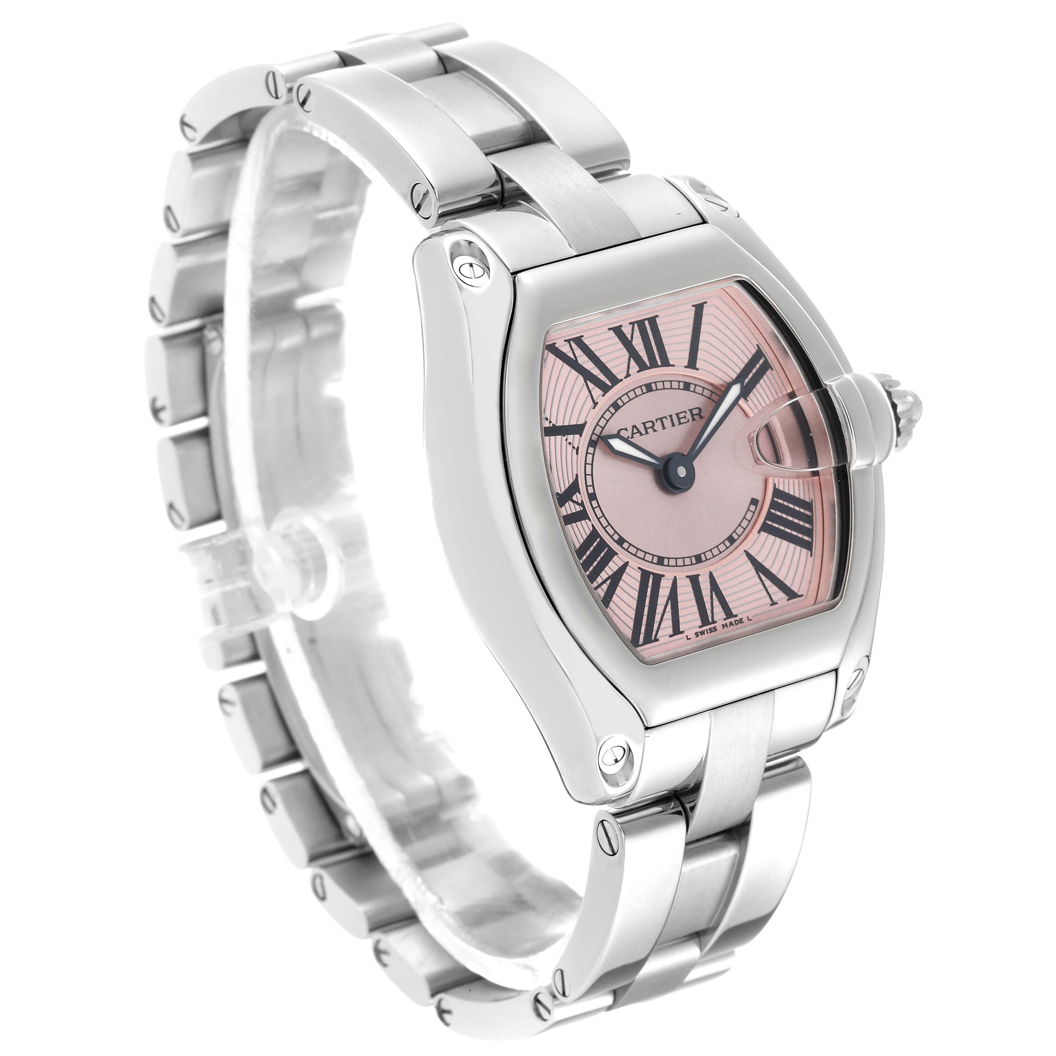 The Cartier Roadster W62017V3 Women's Stainless Steel Pink Dial W62017V3 Women's Stainless Steel Pink Dial watch is shown at an angle displaying the face and part of the metal bracelet.