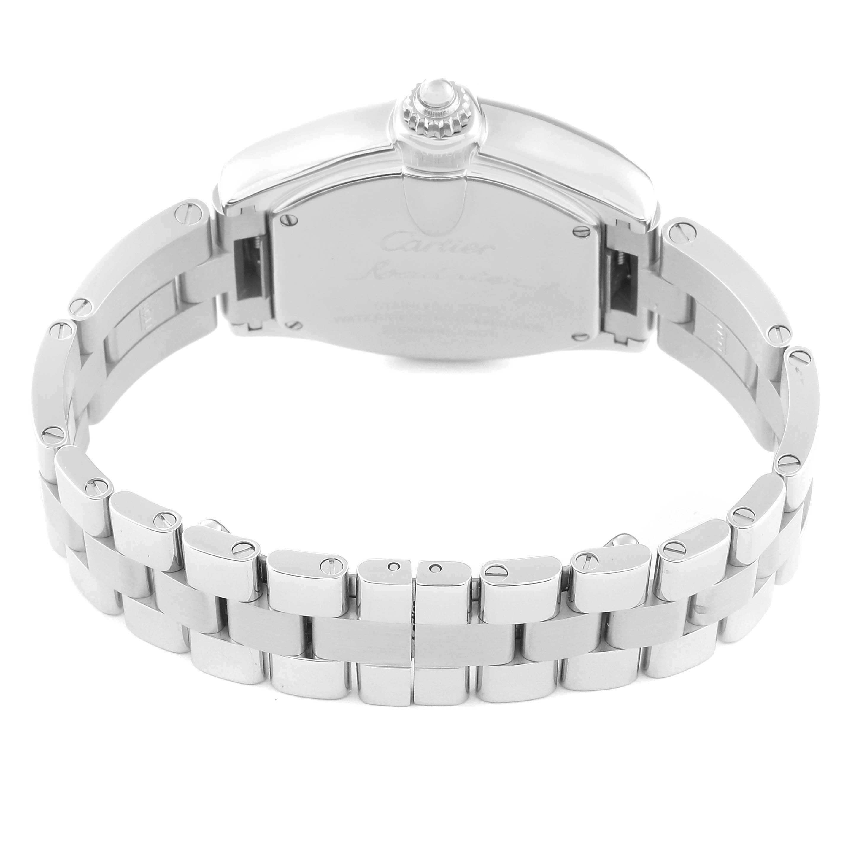 The image shows the back view of the Cartier Roadster W62017V3 Women's Stainless Steel Pink Dial W62017V3 Women's Stainless Steel Pink Dial watch, highlighting its metal bracelet and clasp.