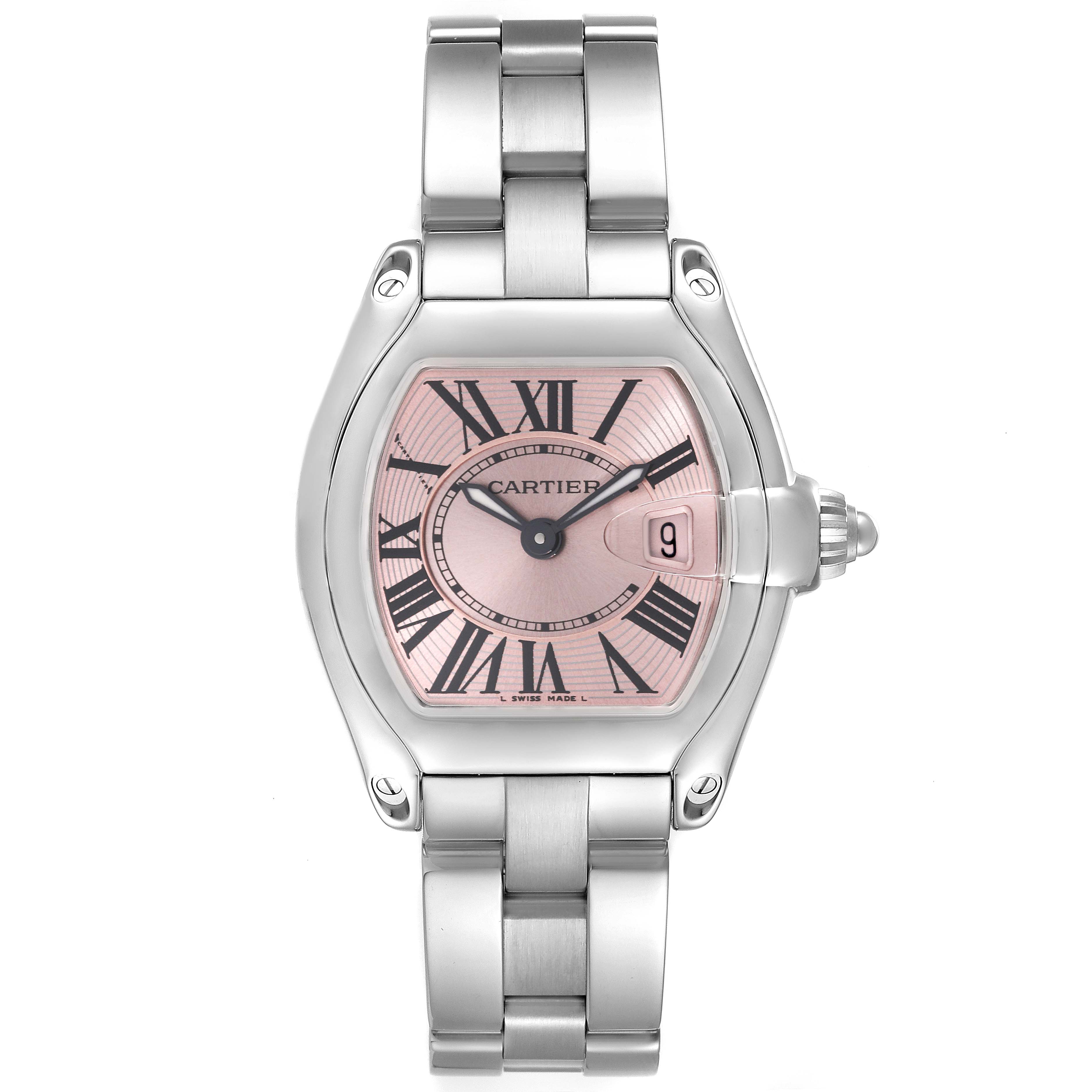 This image shows a front view of the Cartier Roadster W62017V3 Women's Stainless Steel Pink Dial W62017V3 Women's Stainless Steel Pink Dial watch, highlighting its face, bezel, bracelet, and crown.