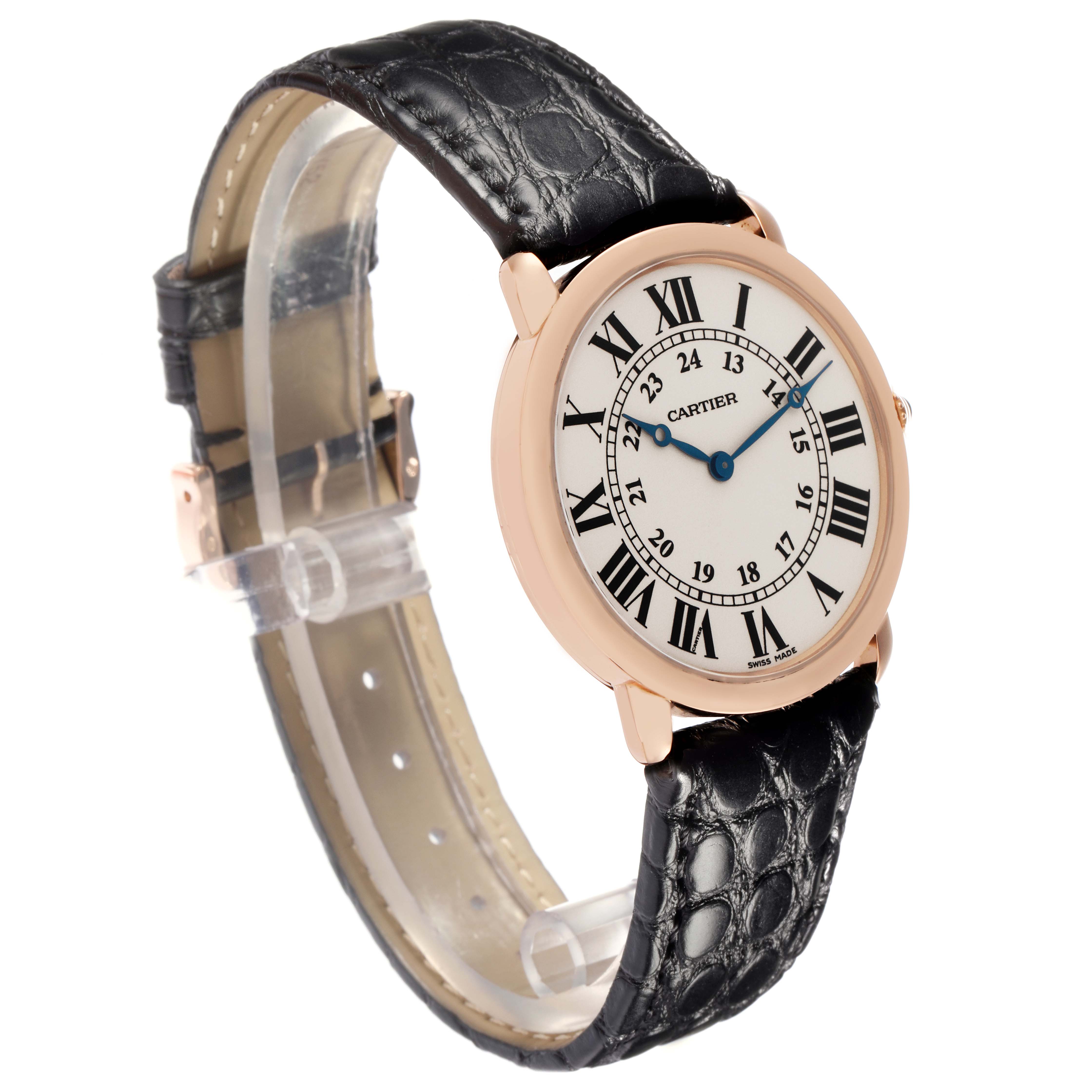 The Cartier Ronde W6800251 Men
s Rose Gold Silver Dial W6800251 Men
s Rose Gold Silver Dial model watch is shown at a slight angle, displaying the face and black leather strap.