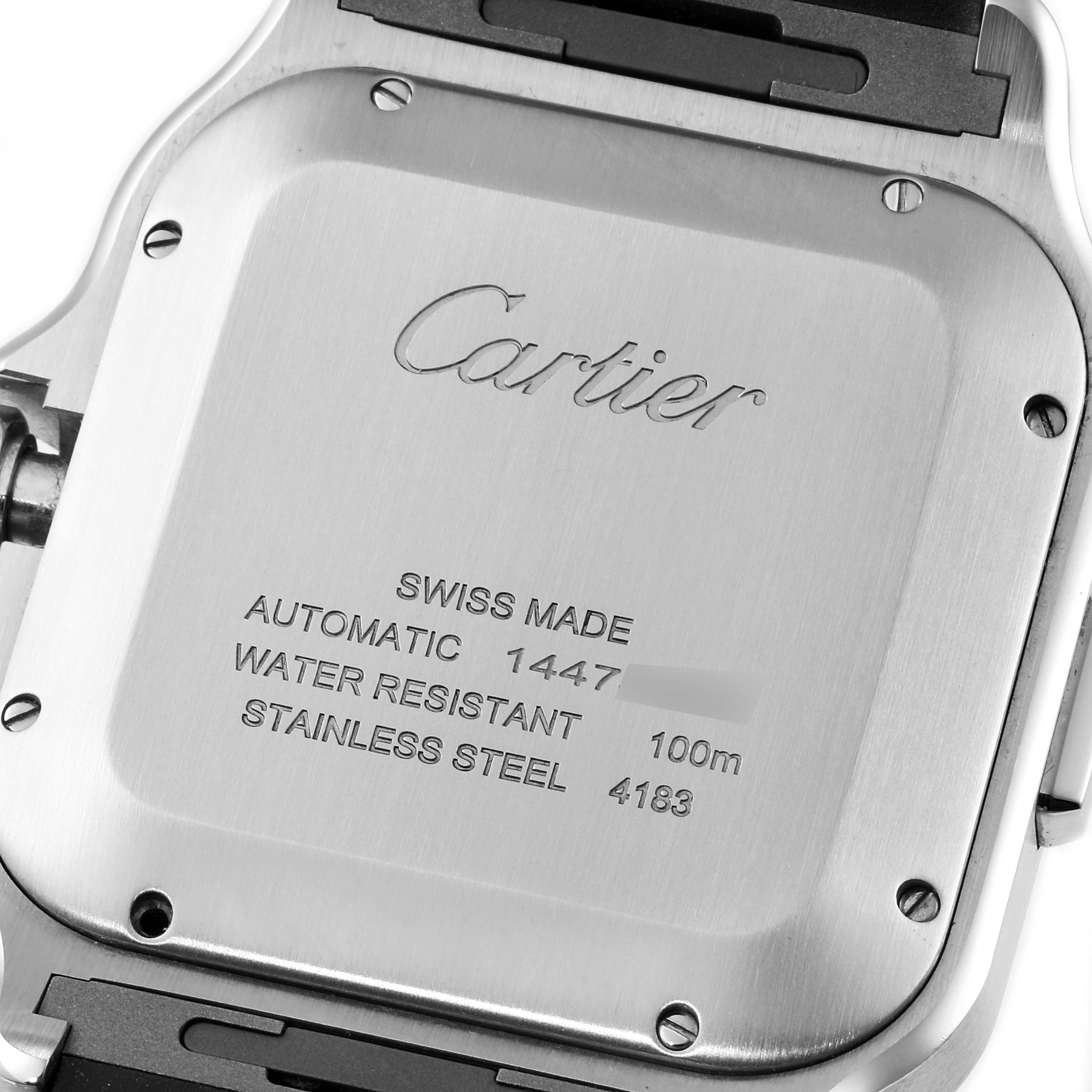 This image shows the case back of a Cartier Santos WSSA0017 Men's Stainless Steel Silver Dial WSSA0017 Men's Stainless Steel Silver Dial model watch detailing specifications and branding.