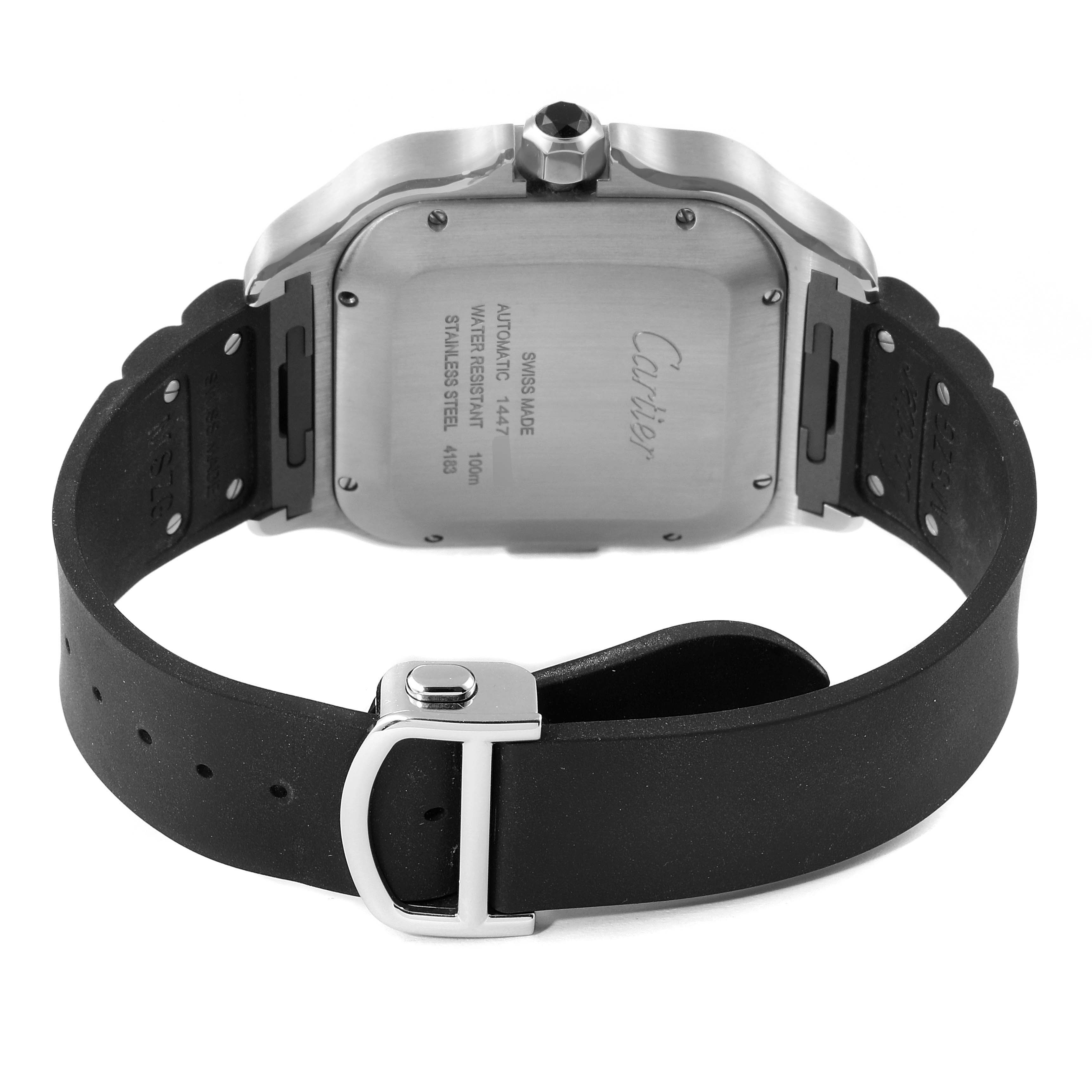The image shows the back and side of a Santos model watch by Cartier, including the case back, crown, and strap with buckle.