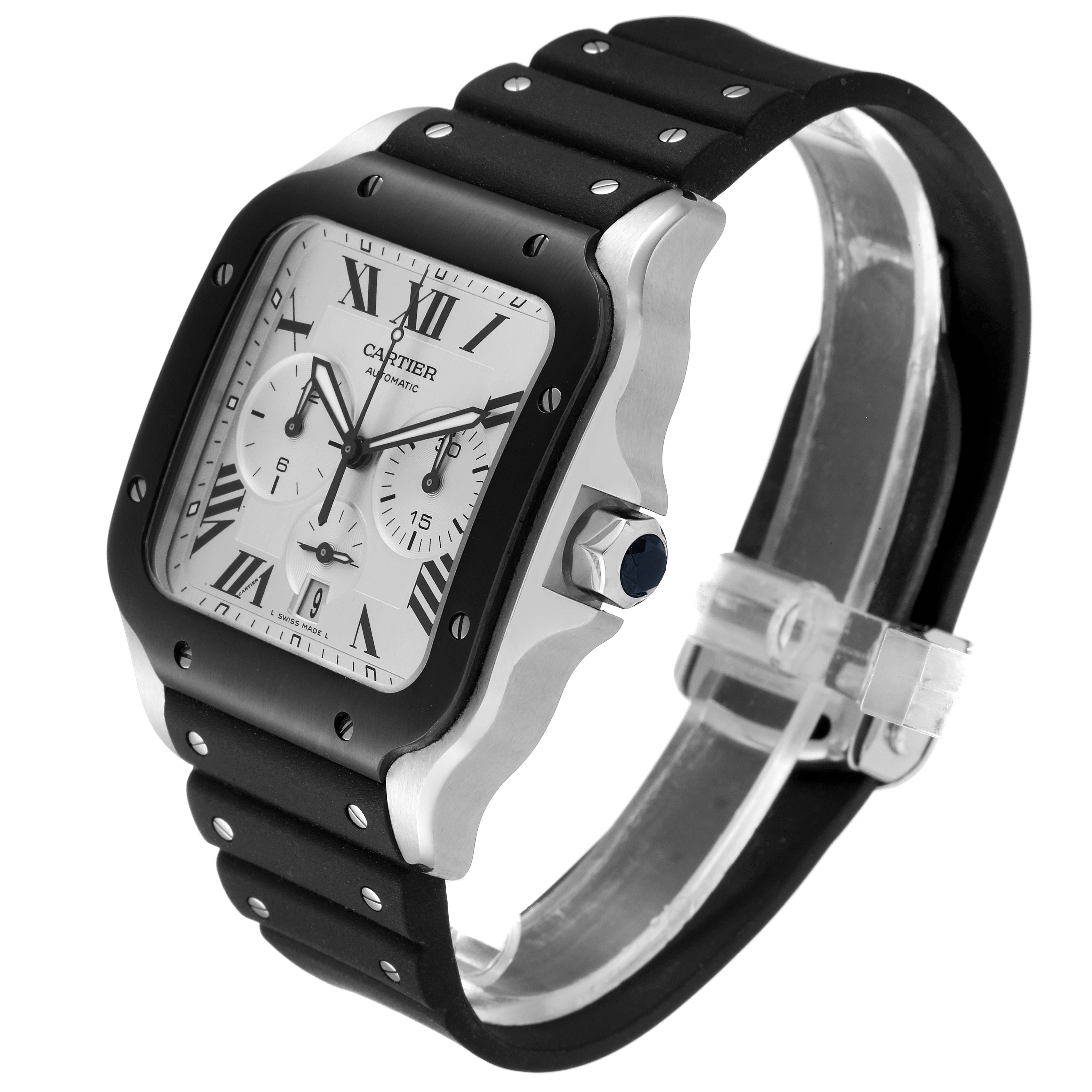 This Cartier Santos WSSA0017 Men's Stainless Steel Silver Dial WSSA0017 Men's Stainless Steel Silver Dial watch is shown at a slight side angle, displaying its black bezel, white dial, and black rubber strap.