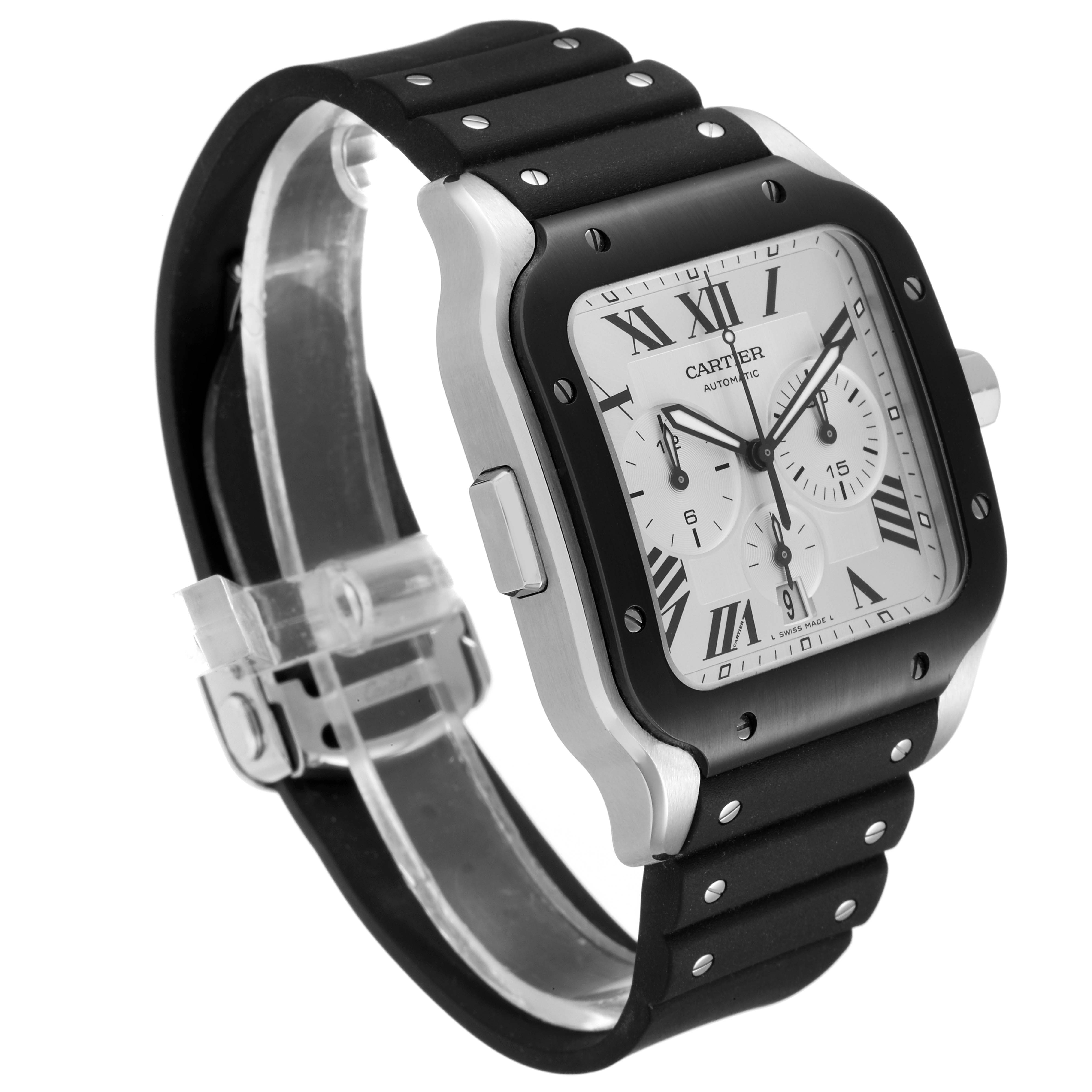 The Cartier Santos WSSA0017 Men's Stainless Steel Silver Dial WSSA0017 Men's Stainless Steel Silver Dial watch is shown at an angle displaying the face, bezel, and part of the rubber strap.