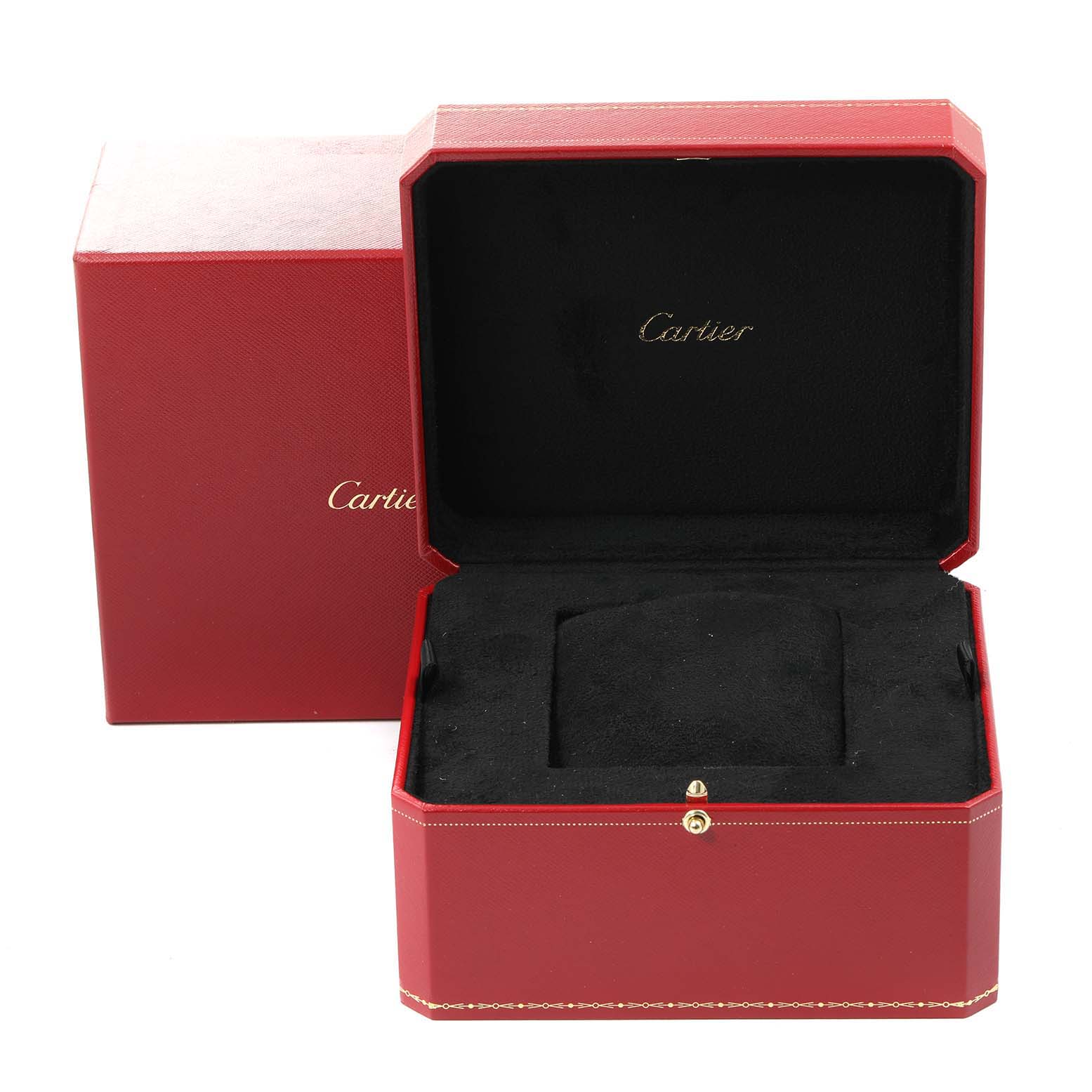 The image shows an open red Cartier watch box and outer box for the Santos model, viewed from an angled front perspective.