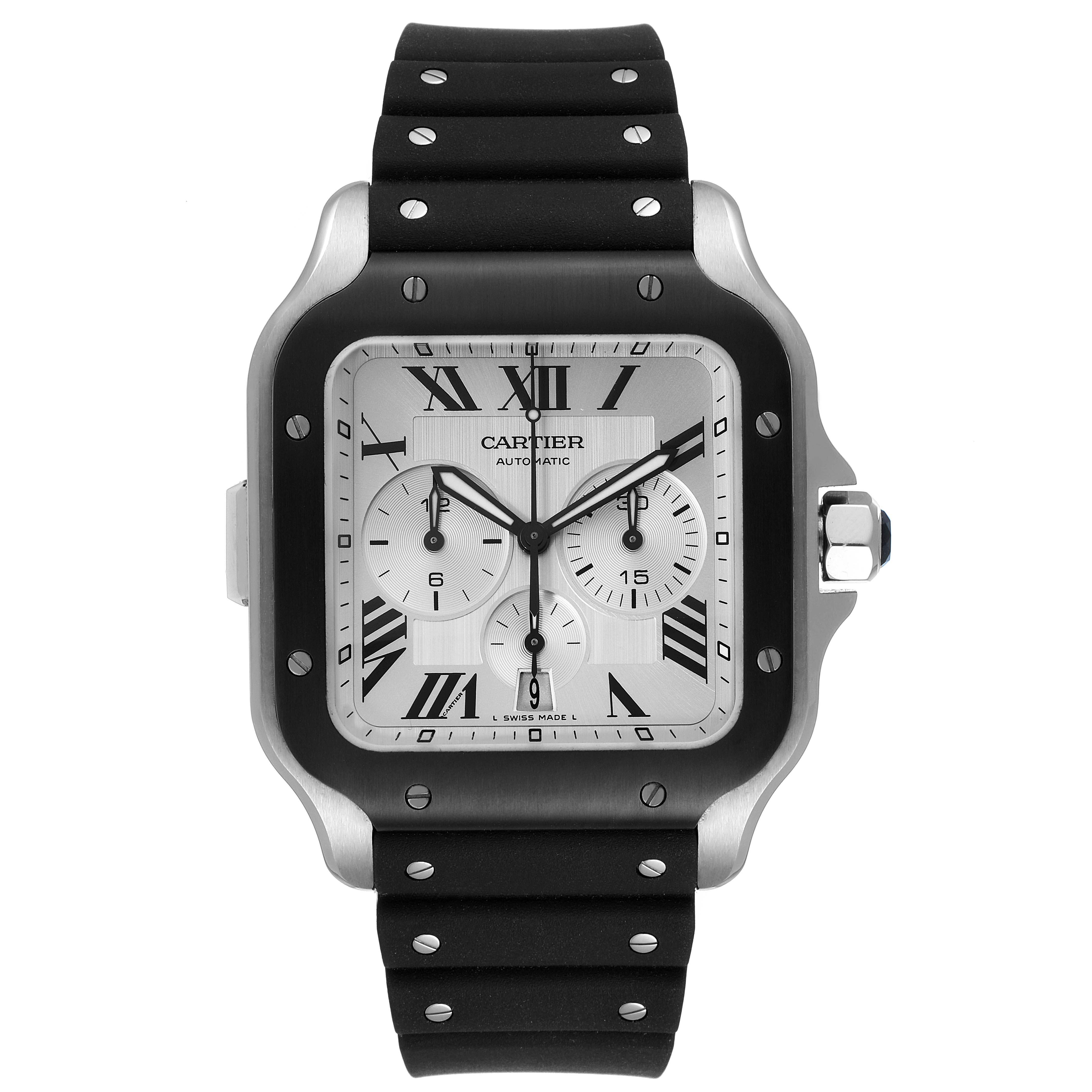 The image shows a Cartier Santos WSSA0017 Men's Stainless Steel Silver Dial WSSA0017 Men's Stainless Steel Silver Dial watch from a front view, displaying its face, bezel, and strap.