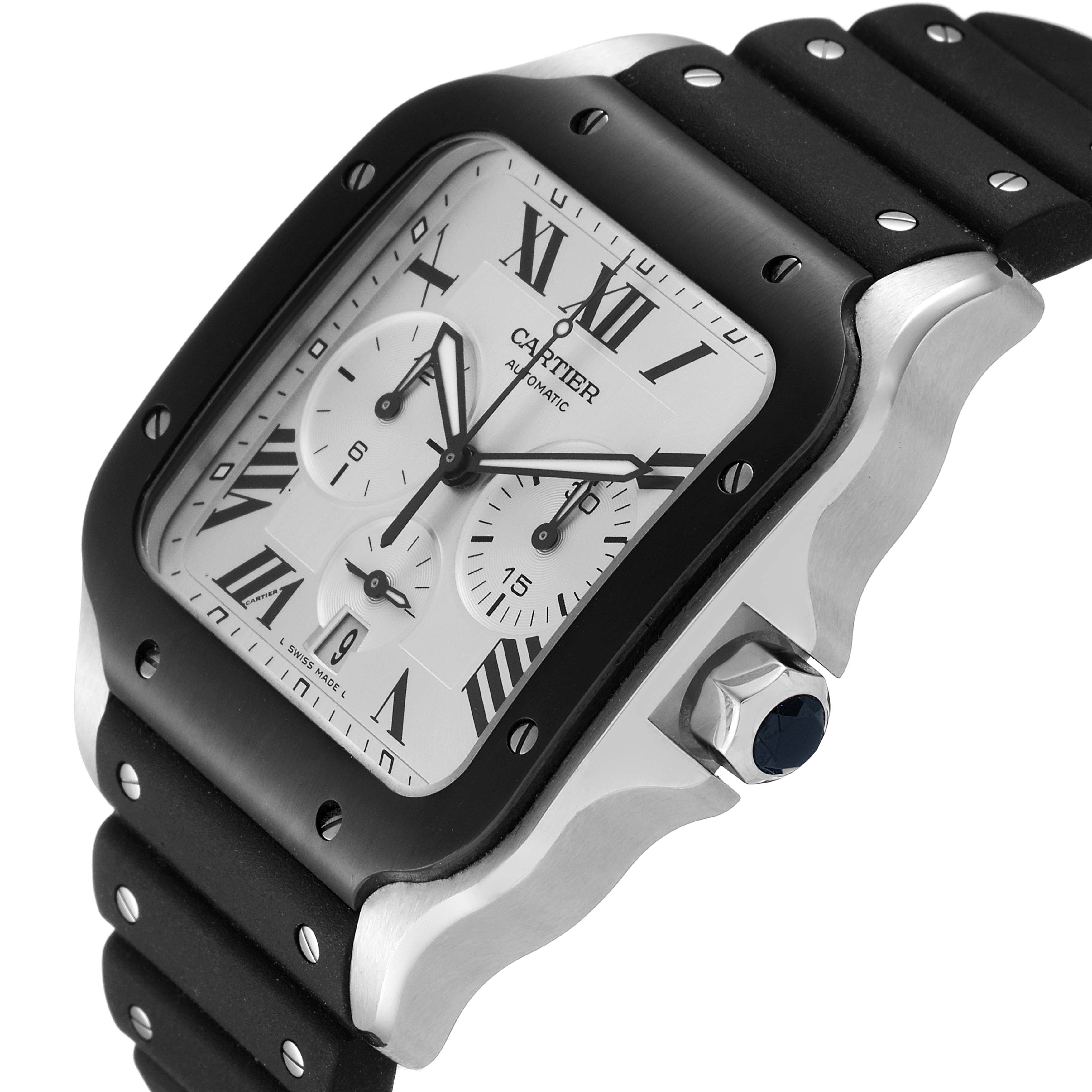 The image shows a close-up angle of a Cartier Santos WSSA0017 Men's Stainless Steel Silver Dial WSSA0017 Men's Stainless Steel Silver Dial watch, highlighting its face, bezel, strap, and crown.