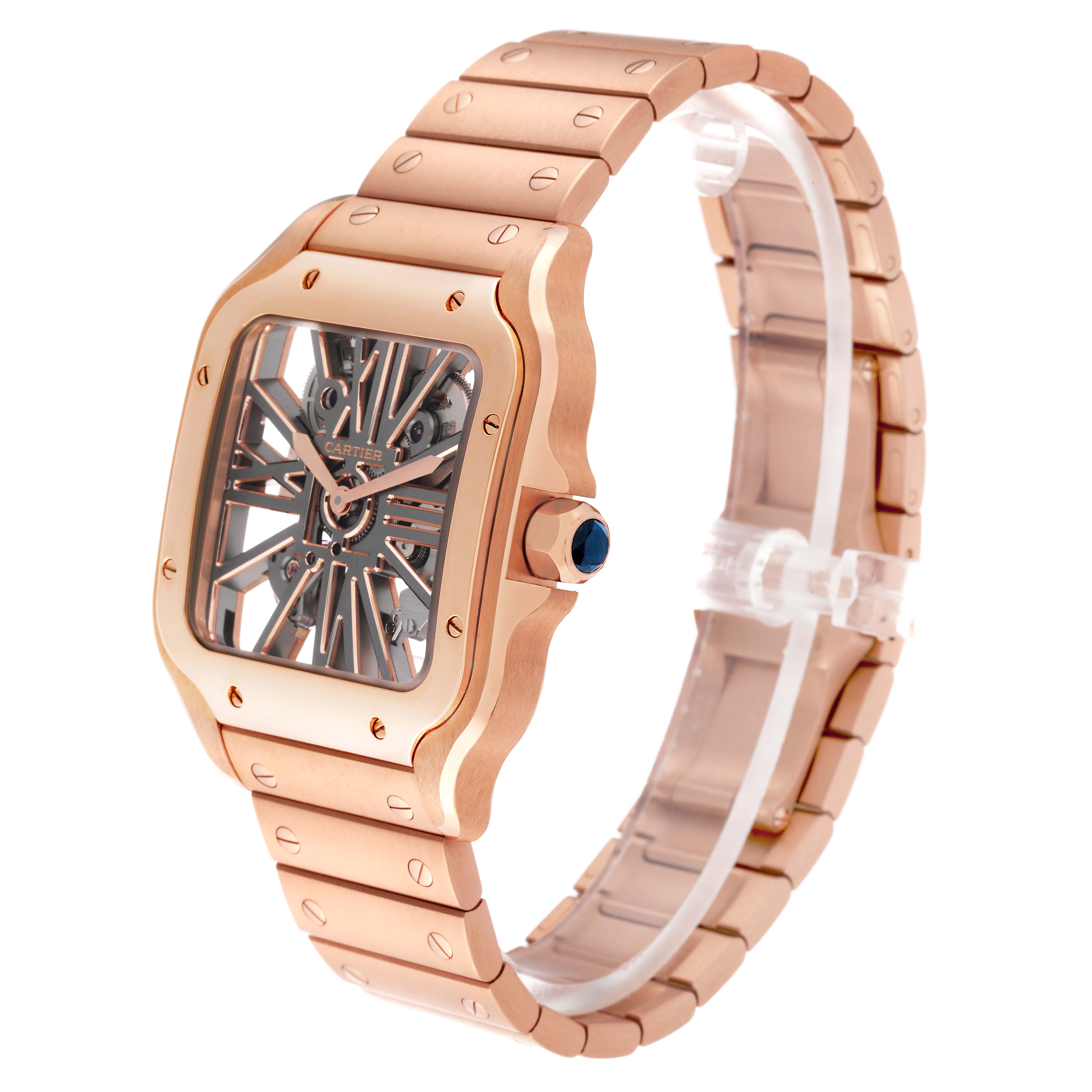 The Cartier Santos WHSA0016 Men's Rose Gold Transparent Dial WHSA0016 Men's Rose Gold Transparent Dial watch is shown at a three-quarter angle, displaying the face, bezel, case, and bracelet.