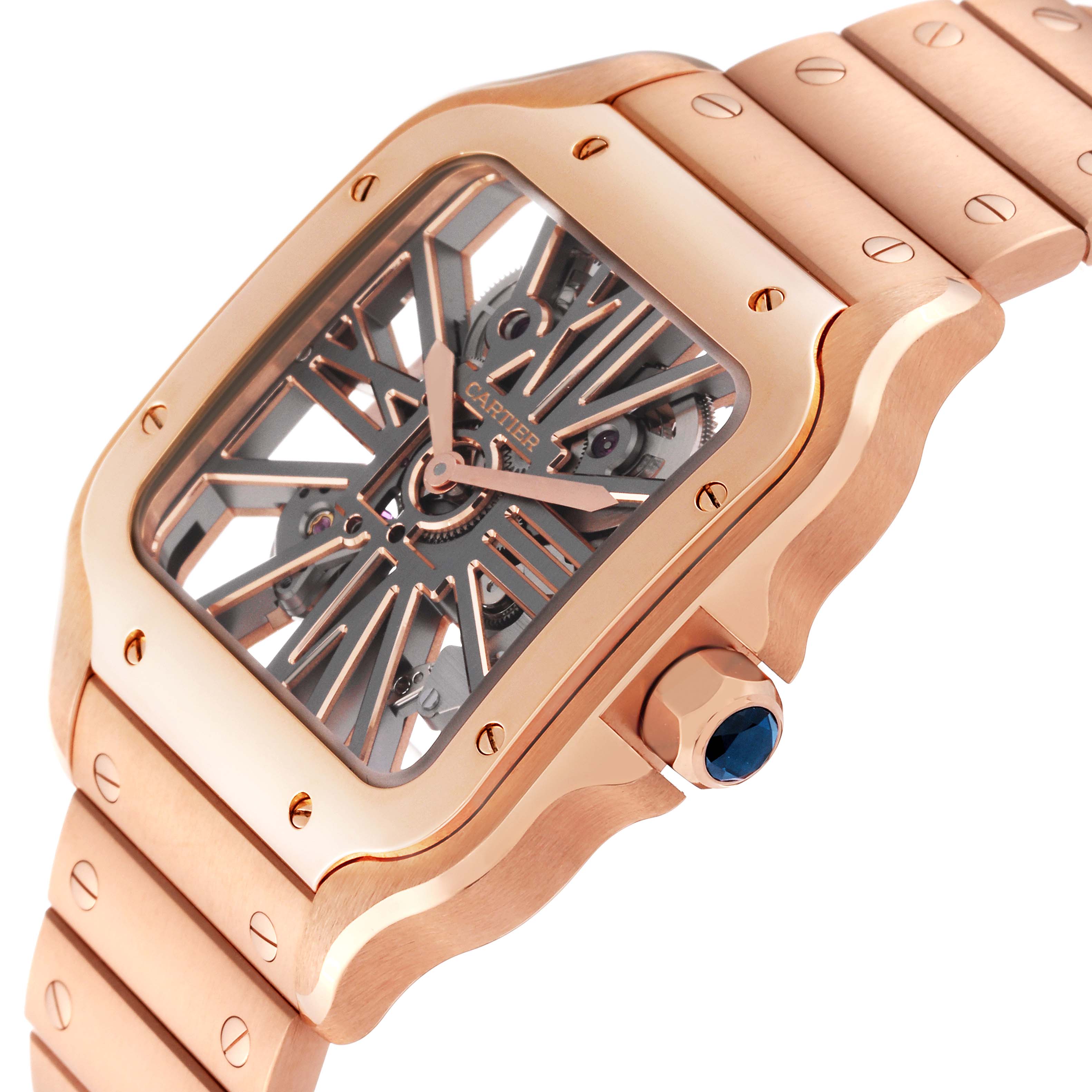 The photo shows a close-up, angled view of a Cartier Santos WHSA0016 Men's Rose Gold Transparent Dial WHSA0016 Men's Rose Gold Transparent Dial watch, highlighting its case, bracelet, and crown.