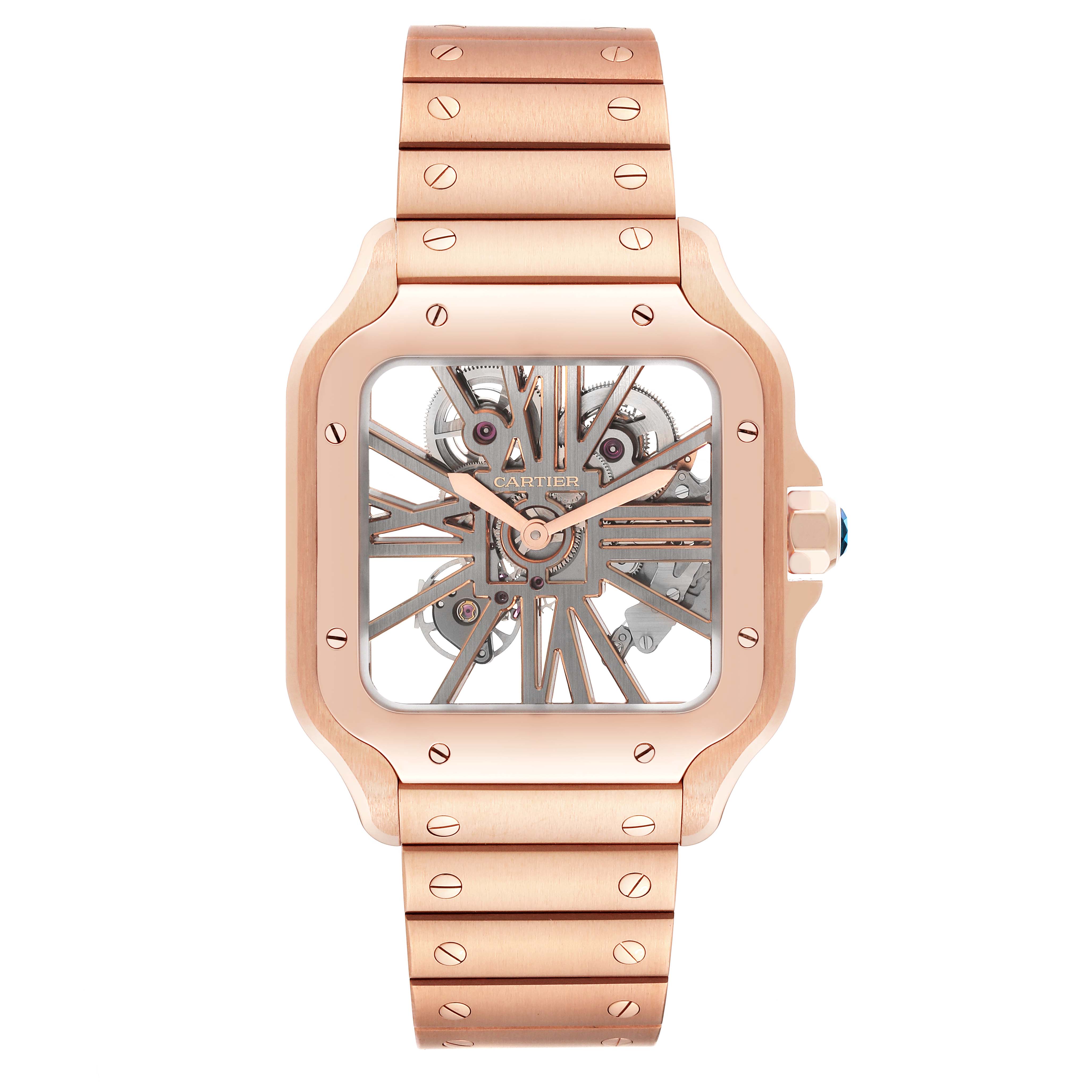 The image shows a front view of a Cartier Santos WHSA0016 Men's Rose Gold Transparent Dial WHSA0016 Men's Rose Gold Transparent Dial watch, showcasing its bracelet and intricate skeleton dial.