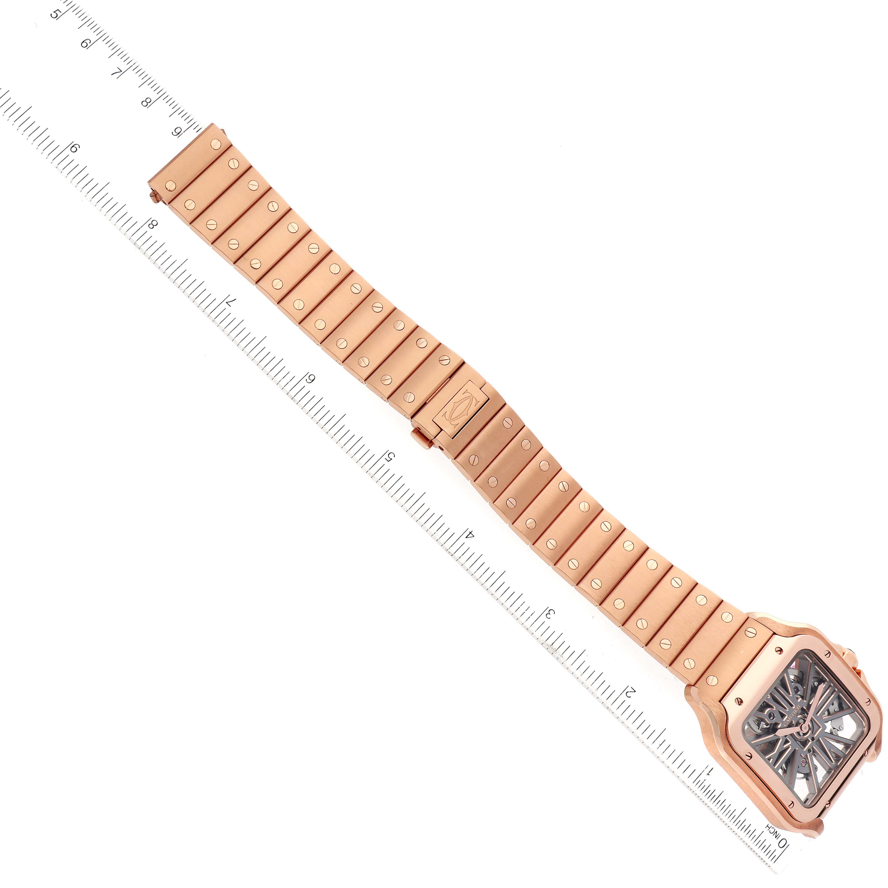 The image shows a Cartier Santos WHSA0016 Men's Rose Gold Transparent Dial WHSA0016 Men's Rose Gold Transparent Dial watch in rose gold, viewed from an overhead angle, displaying its case, dial, and bracelet.